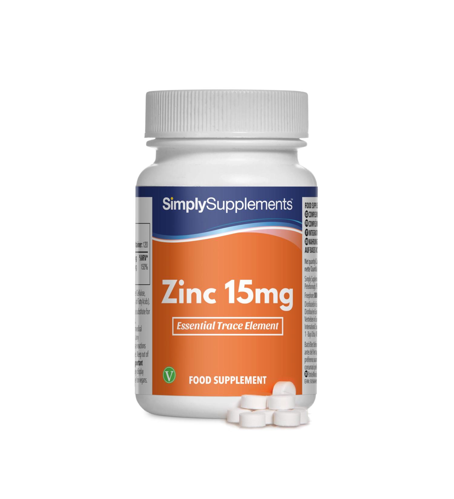 Zinc 15mg - 120 Tablets - Vegetarian Friendly - Up to 4 Months Benefits - SimplySupplements - Buy Online on GoSupps.com