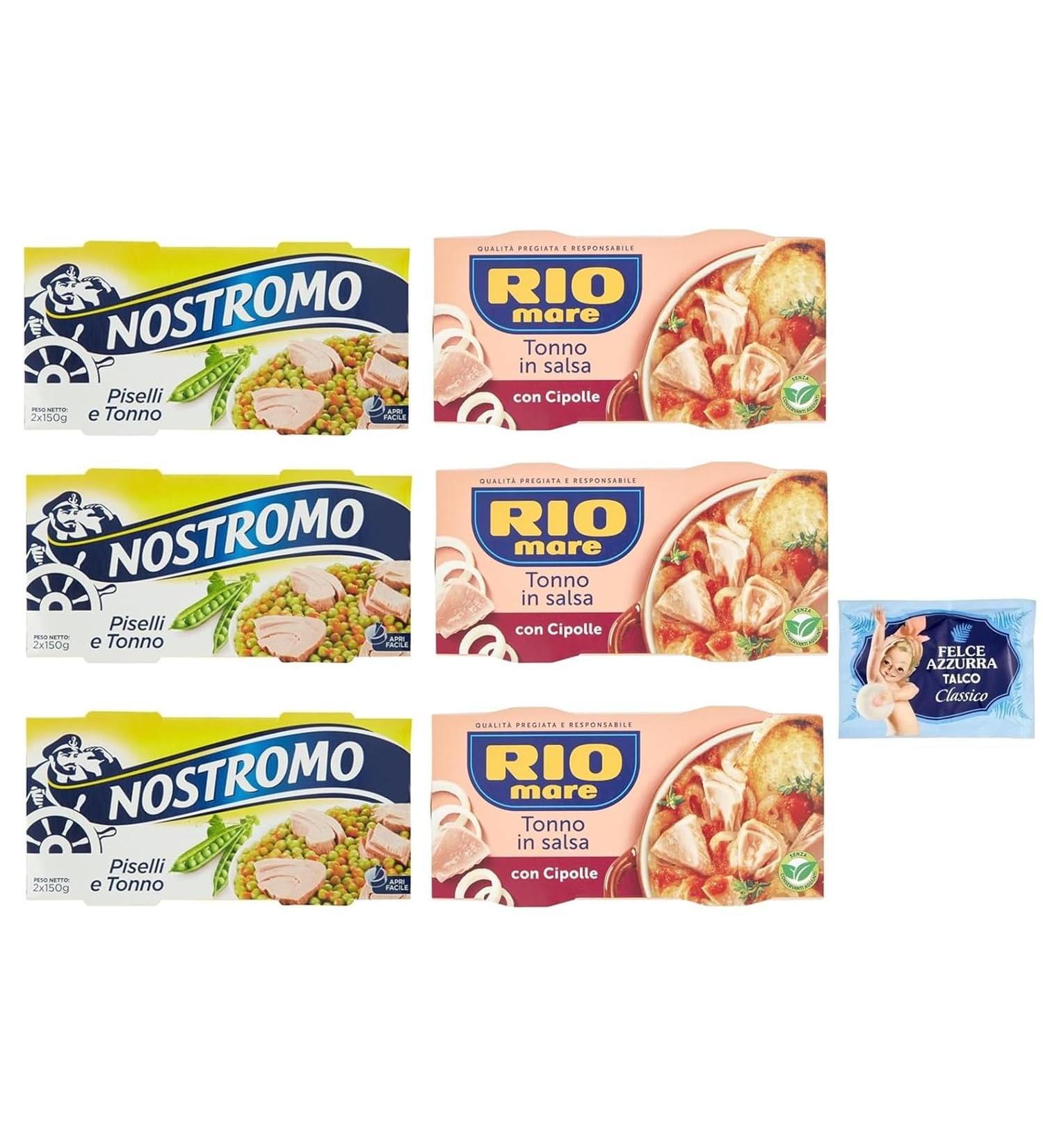 Rio Mare Pack of 6 Tuna and Onion Test Packs + Nostromo Tuna and Peas 2 x 150 g + 1 sachet of Felce Azzurra Talcum Powder 100 g - Buy Online on GoSupps.com