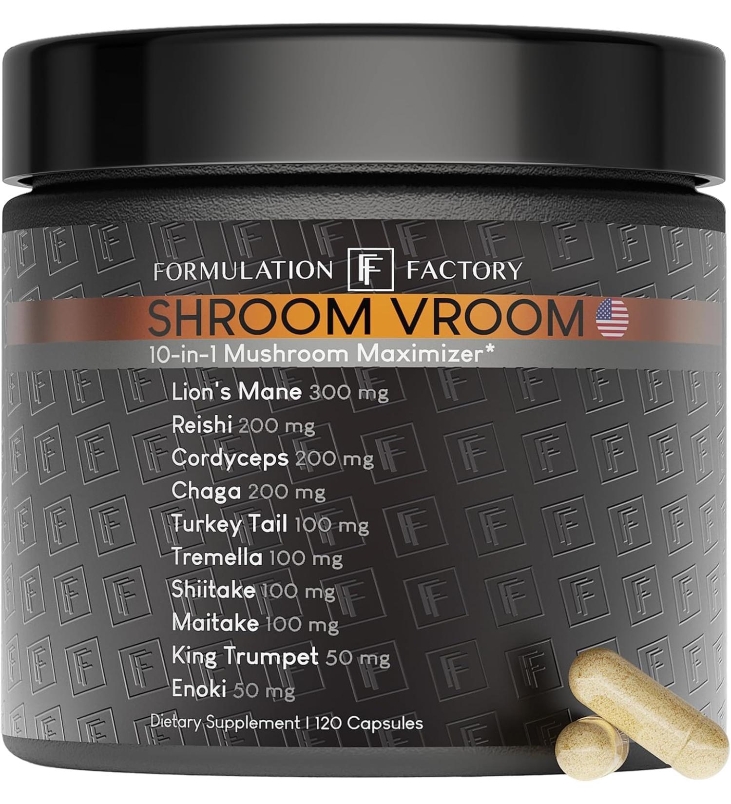 Formulation Factory Mushroom Supplement - Shroom Vroom 10-in-1 Mushroom Complex with Lion's Mane Cordyceps & Turkey Tail - Brain Focus & Energy Capsules - 120 Capsules 2 Month Supply 120 Count (Pack of 1) - Buy Online on GoSupps.com