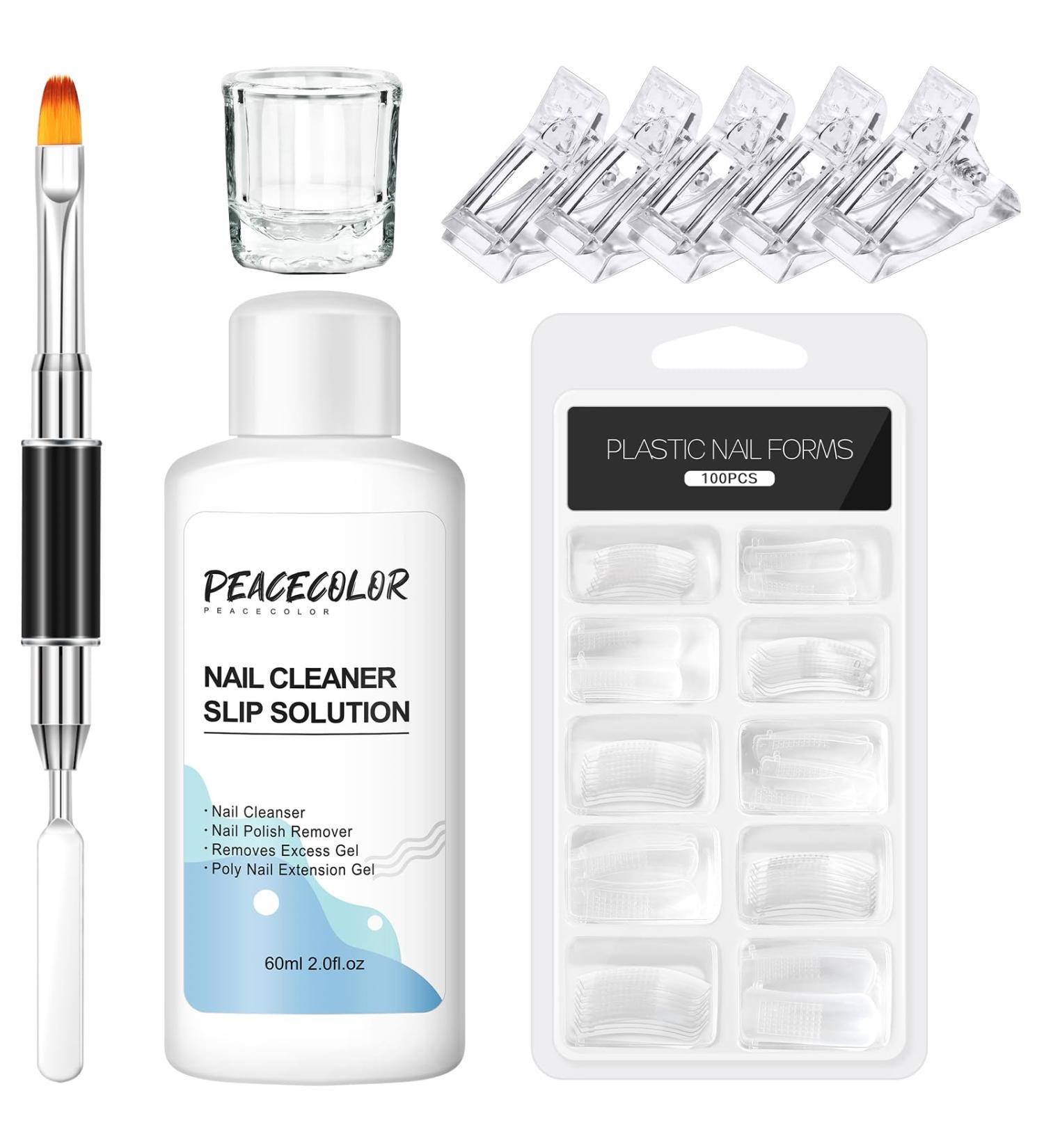 PEACECOLOR 60ML Slip Solution Cleanser Plus with Quick Building Nail Tips Transparent False Nail Fixed Clip Dual End Nail Brush Glass Cup Kit for Poly Nail Extension Nail Gel Kit DIY for Beginners color 195 - Buy Online on GoSupps.com