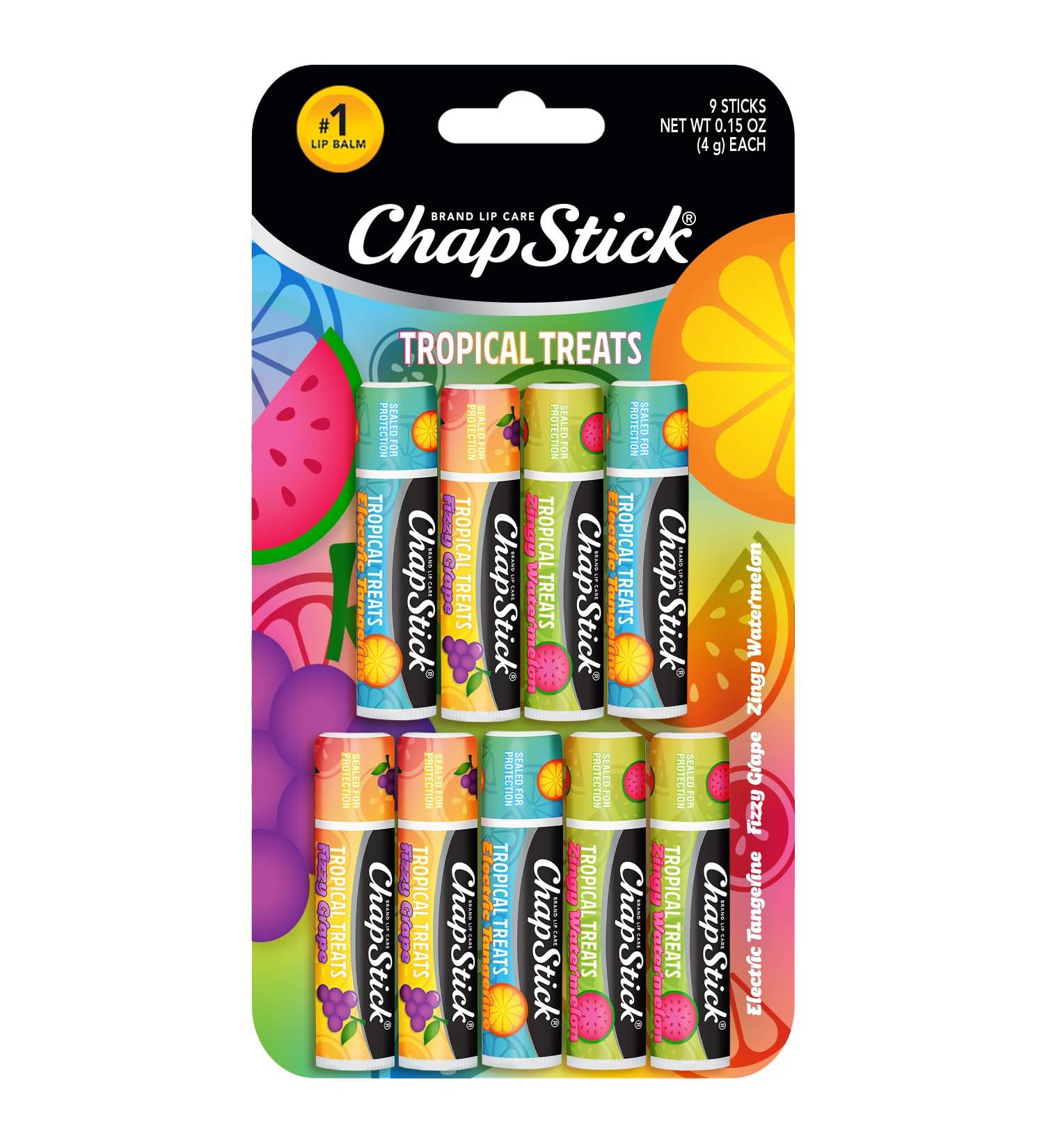 ChapStick Lip Care Tropical Treats Collection (9 Sticks) Electric Tangerine Fizzy Grape & Zingy Watermelon Lip Balm 0.15 Oz Ea - Buy Online on GoSupps.com