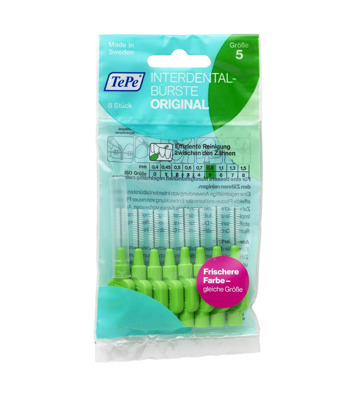 TEPE Interdental Brush Original Green ISO Size 5 (0.8mm) - 1 x 8 Pack for Effective Interdental Cleaning - International Shipping Available - Buy Online on GoSupps.com