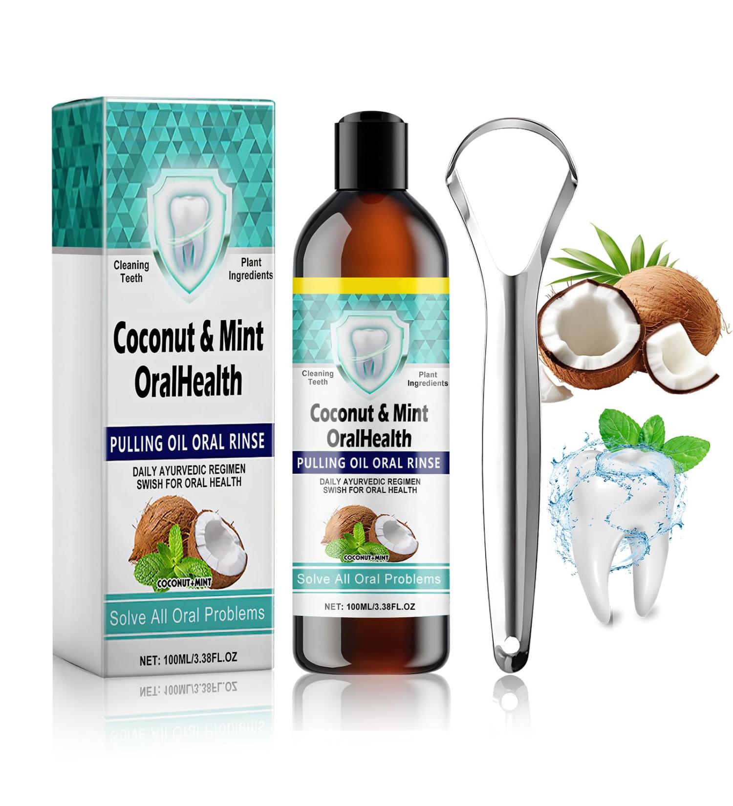 Miioto Oil Pulling - Coconut Oil Mouthwash for Teeth Whitening Fresh Breath & Gum Protection with Tongue Scraper - Buy Online on GoSupps.com