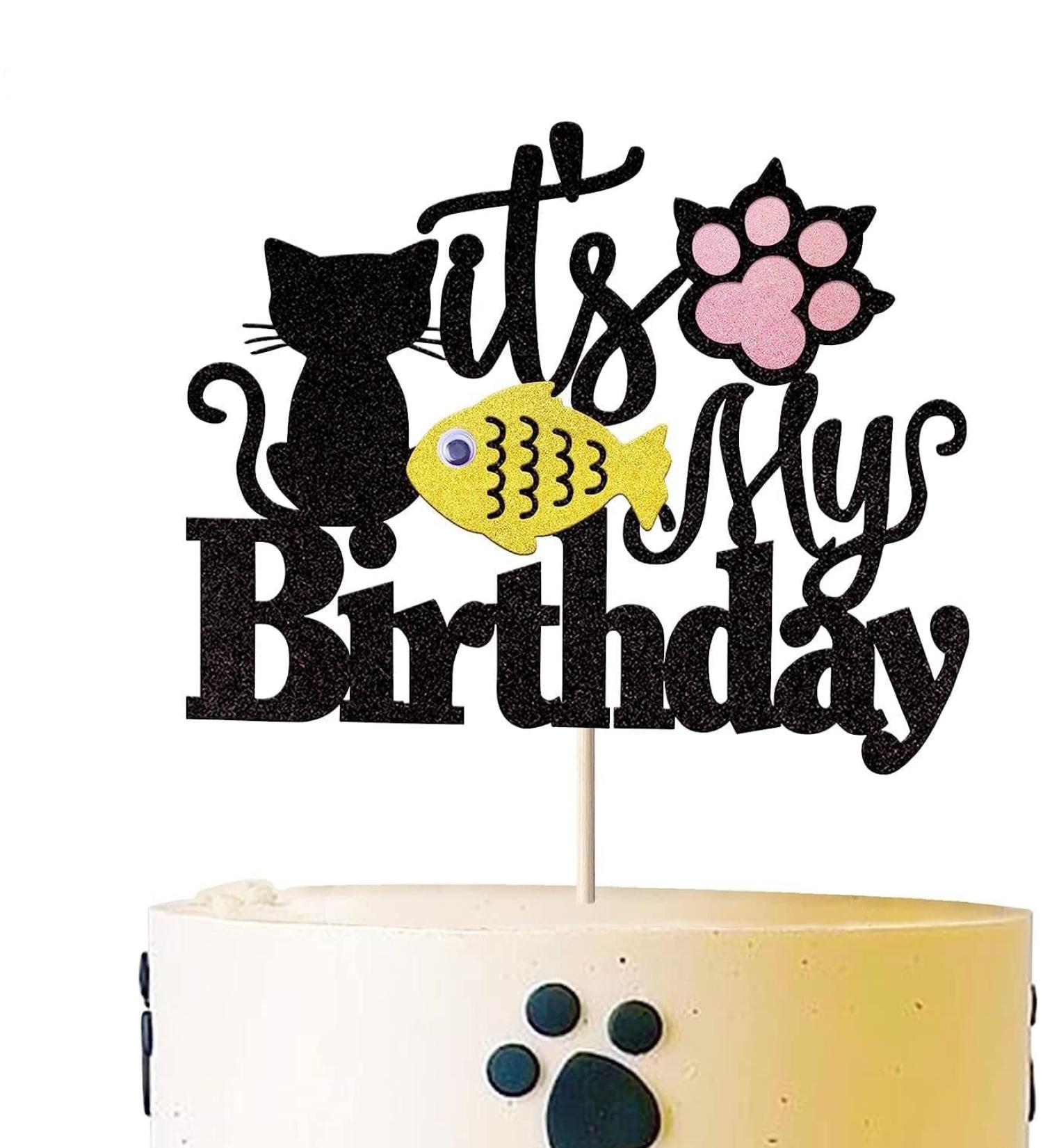 Happy Birthday Cat Cake Topper - Glittery Black Kitten Decoration for Birthday Baby Shower & Wedding Parties - Buy Online on GoSupps.com