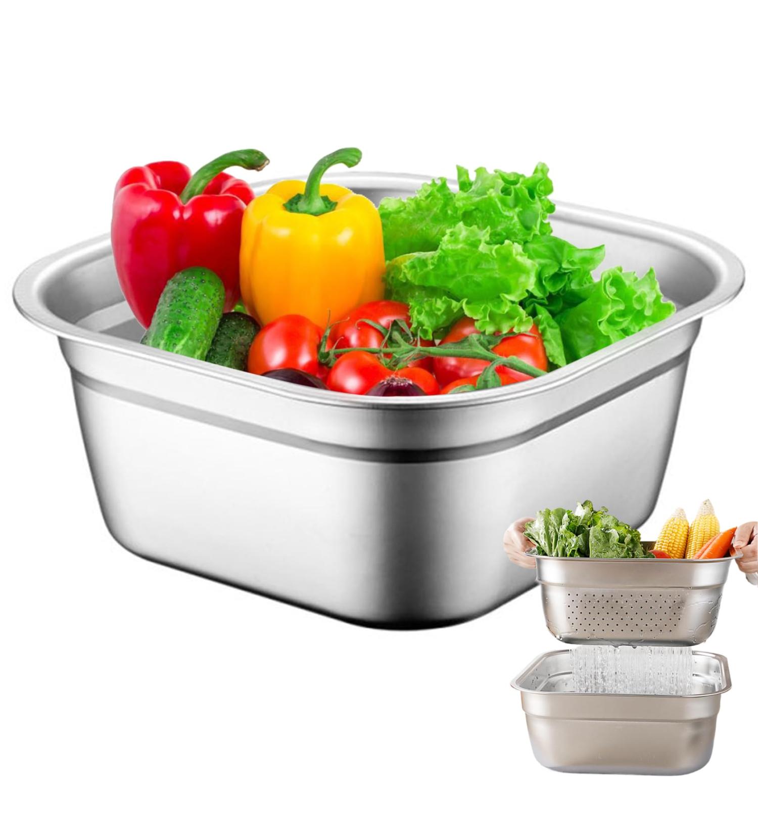 Wash Basin Dish Tub for Kitchen Sink Large Capacity Stainless Steel Basin with Rolled & Wide Edge Stackable Washing Basket for Fruit Kitchen No Drain Hole - Buy Online on GoSupps.com
