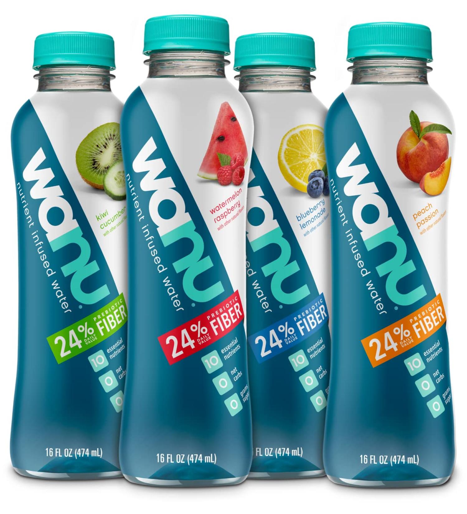 Wanu Water Prebiotic Fiber & Nutrient Infused Flavored Water Variety Pack, 16oz Bottles (Pack of 12) - Assorted Flavors - Buy Online on GoSupps.com