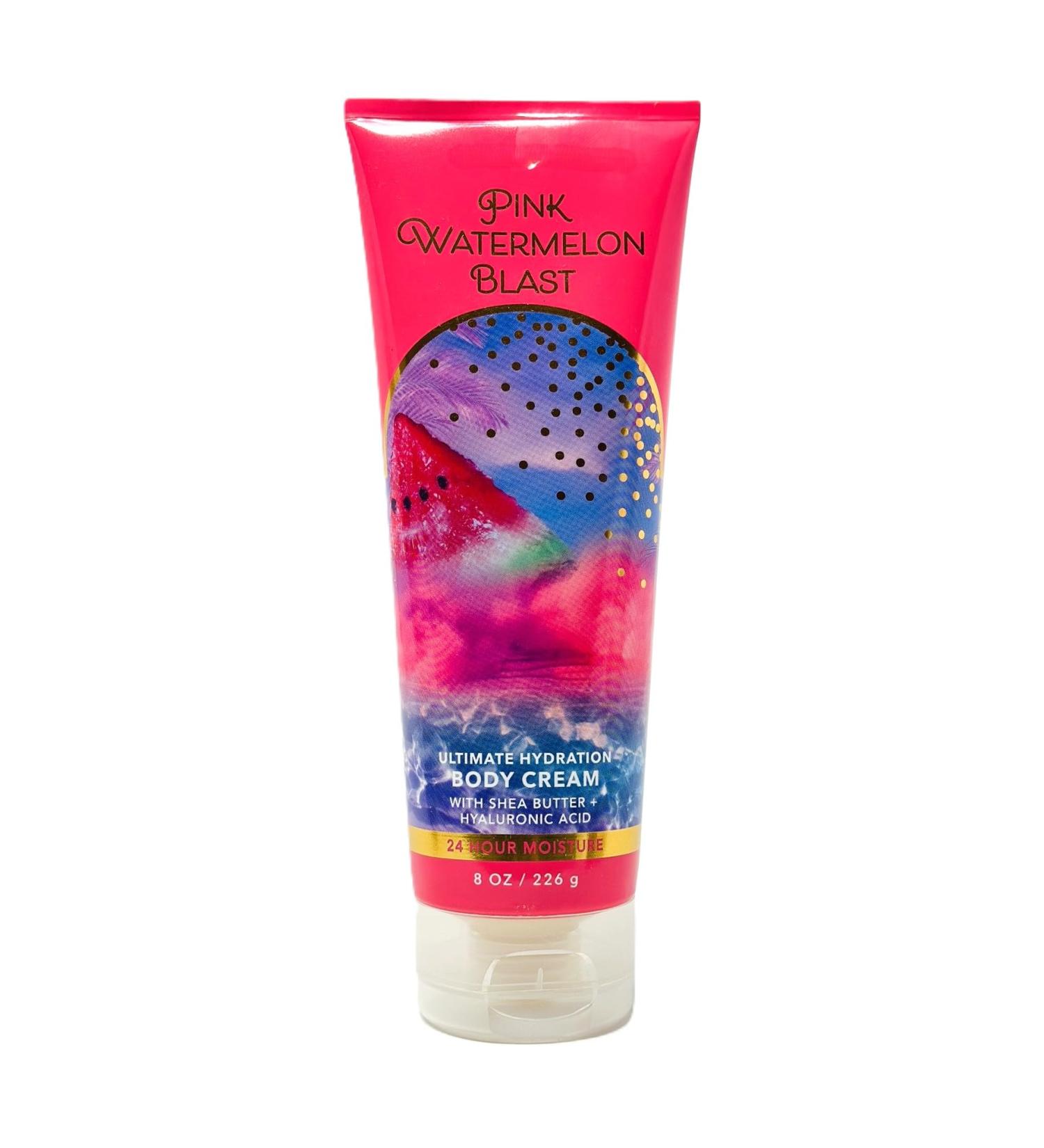 Pink Watermelon Blast Body Cream Bath and Body 8 oz / 226 g Ultimate Hydration Body Cream Fragrance notes: juicy pink watermelon sugared strawberry blossoms and lime zest