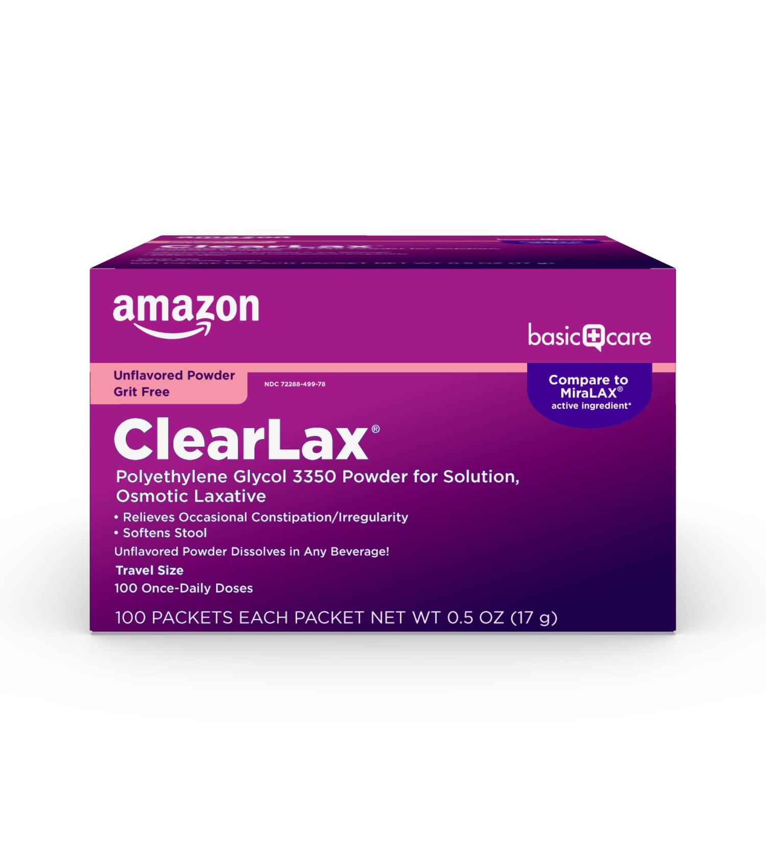 Amazon Basic Care ClearLax Polyethylene Glycol 3350 Powder for Solution, Osmotic Laxative, Softens Stool, Relieves Occasional Constipation, Unflavored, 0.5 Oz (Pack of 100) - Buy Online on GoSupps.com