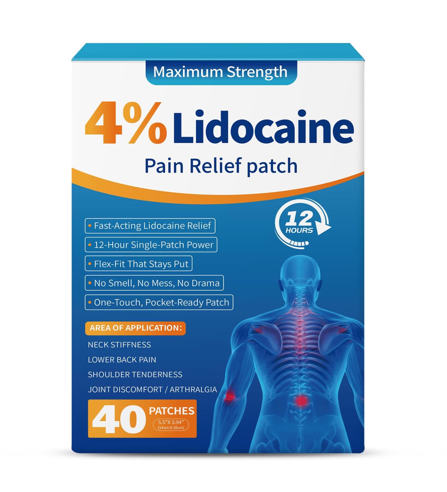 4% Lidocaine Pain Relief Patches Fast-Acting 12-Hour Long Lasting Relief for Back Neck Shoulder & Joint Pain Easy to Apply 40 Count 5.5 x 3.94 -WE - Buy Online on GoSupps.com