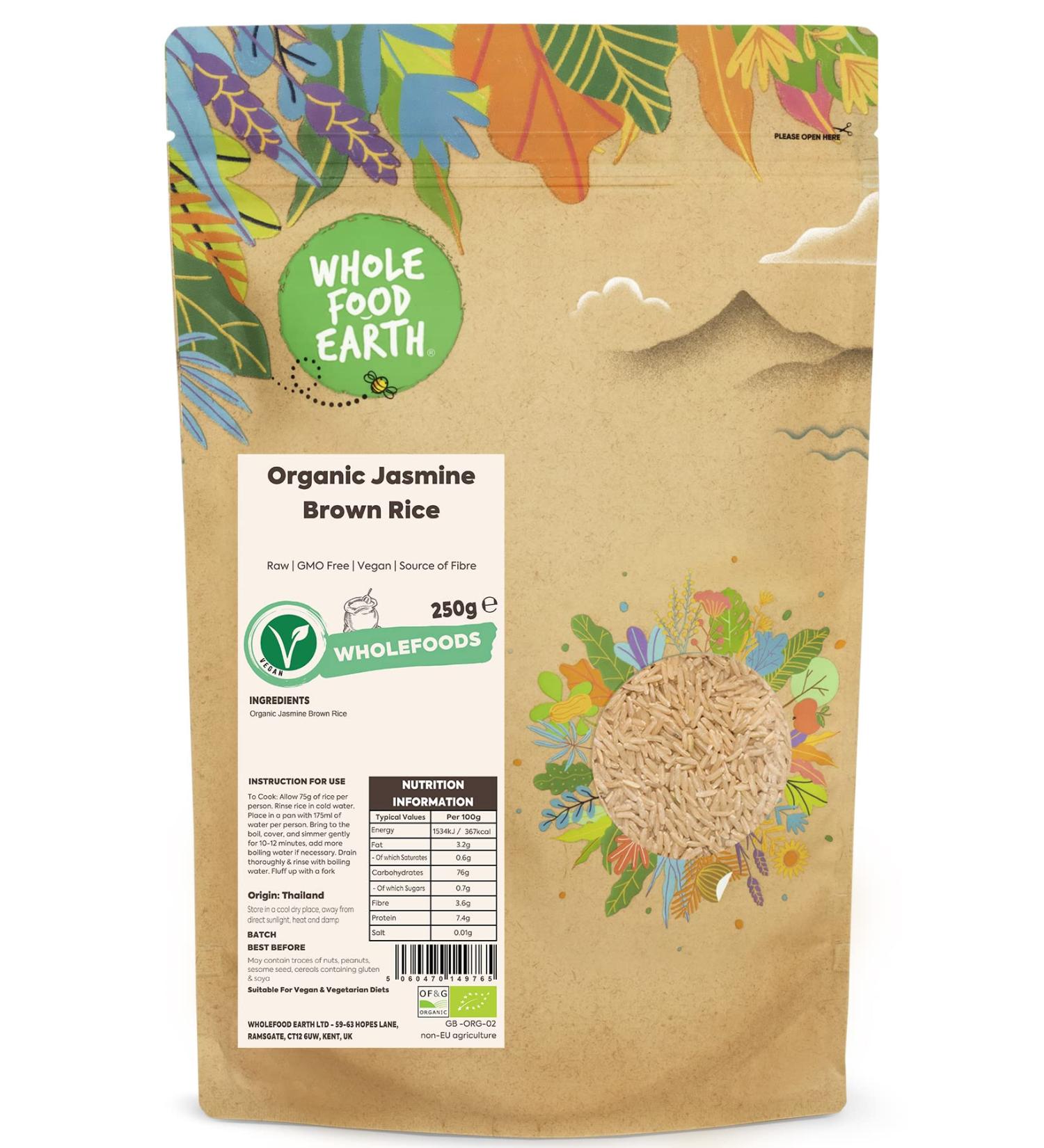 Wholefood Earth Organic Jasmine Brown Rice 250g - GMO Free, Vegan, High Fiber, Certified Organic - Buy Online on GoSupps.com