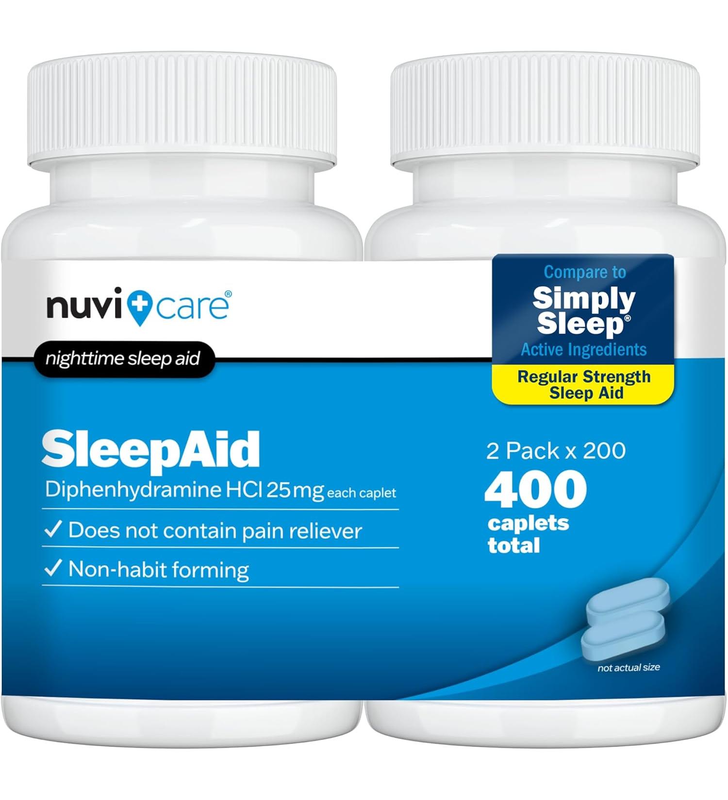 NUVICARE Nighttime Sleep Aid with Diphenhydramine HCl 25 mg Non Habit Forming Regular Strength Sleeping Pills for Adults 200 Caplets - Pack Of 2 - Buy Online on GoSupps.com
