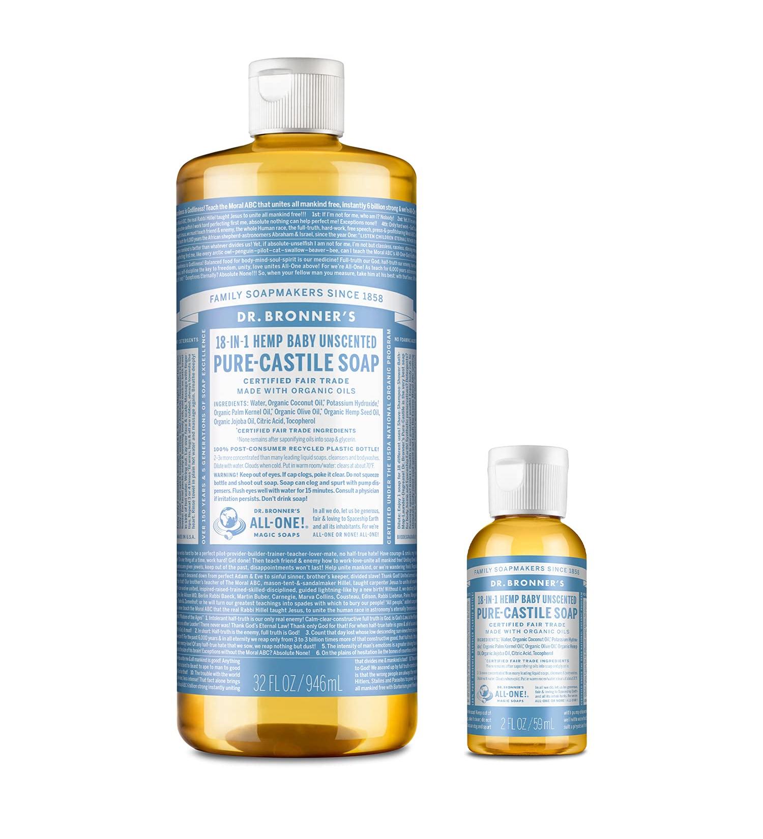 Dr. Bronner's Pure-Castile Baby Unscented Liquid Soap Bundle - 32 oz. + 2 oz. Travel Bottle - Buy Online on GoSupps.com