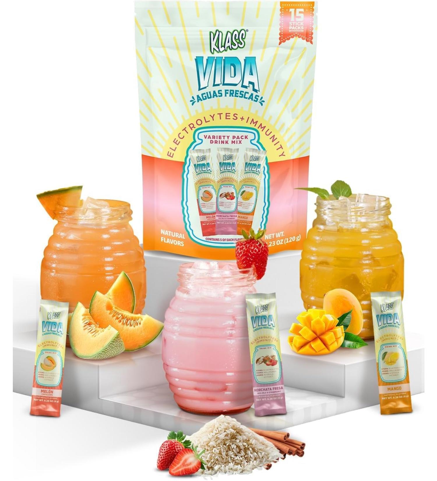 KLASS VIDA Hydration + Immunity Electrolyte Drink Mix Variety Pack with Mango Strawberry Horchata & Cantaloupe | Sugar-Free Hydration Packets with Wellmune Acerola Coconut Water & Minerals - Buy Online on GoSupps.com