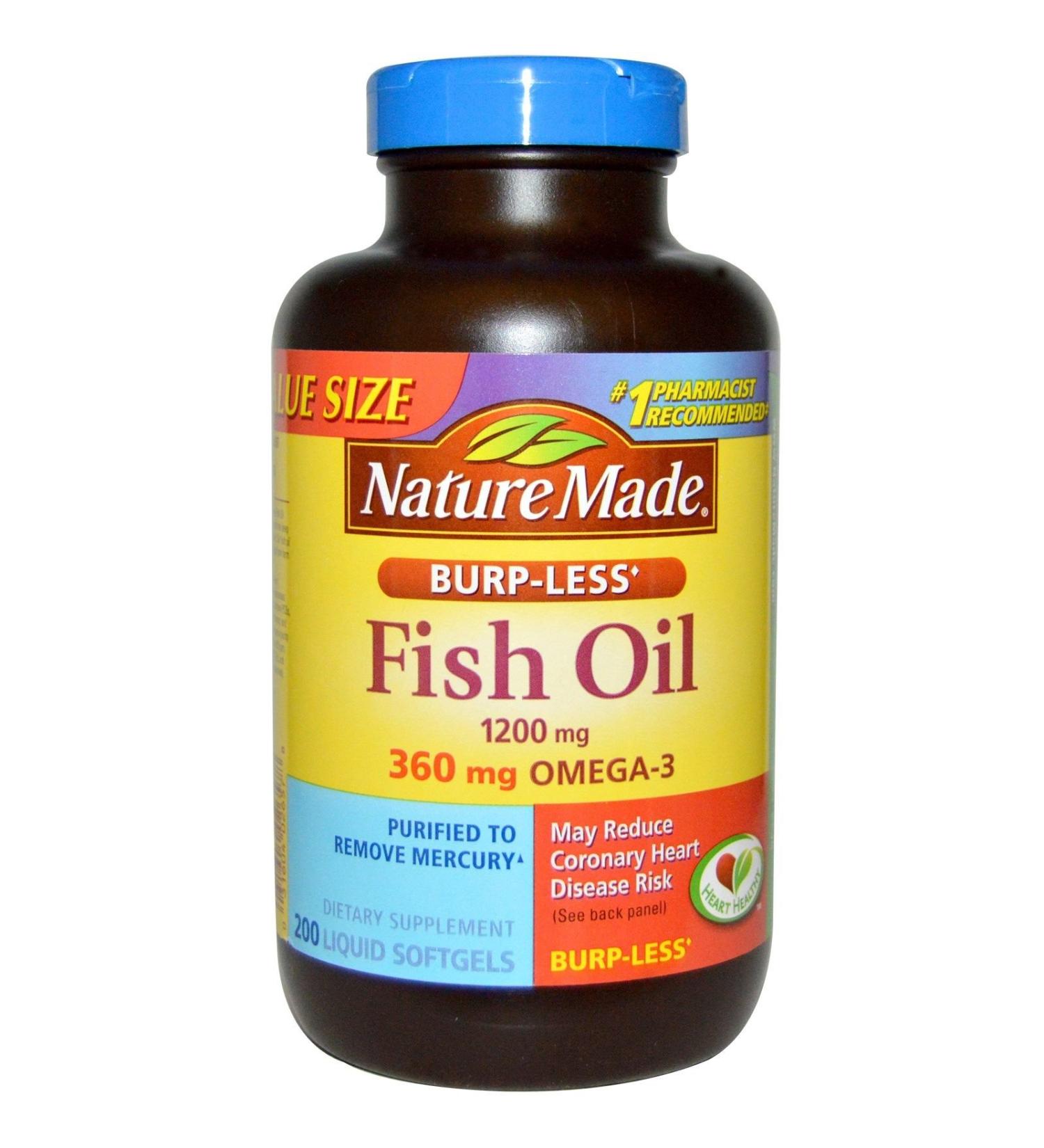 Nature Made Burp-Less Fish Oil 1200mg 360mg Omega-3 Liquid Softgels 200 ea (Pack of 2) 200 Count (Pack of 2)