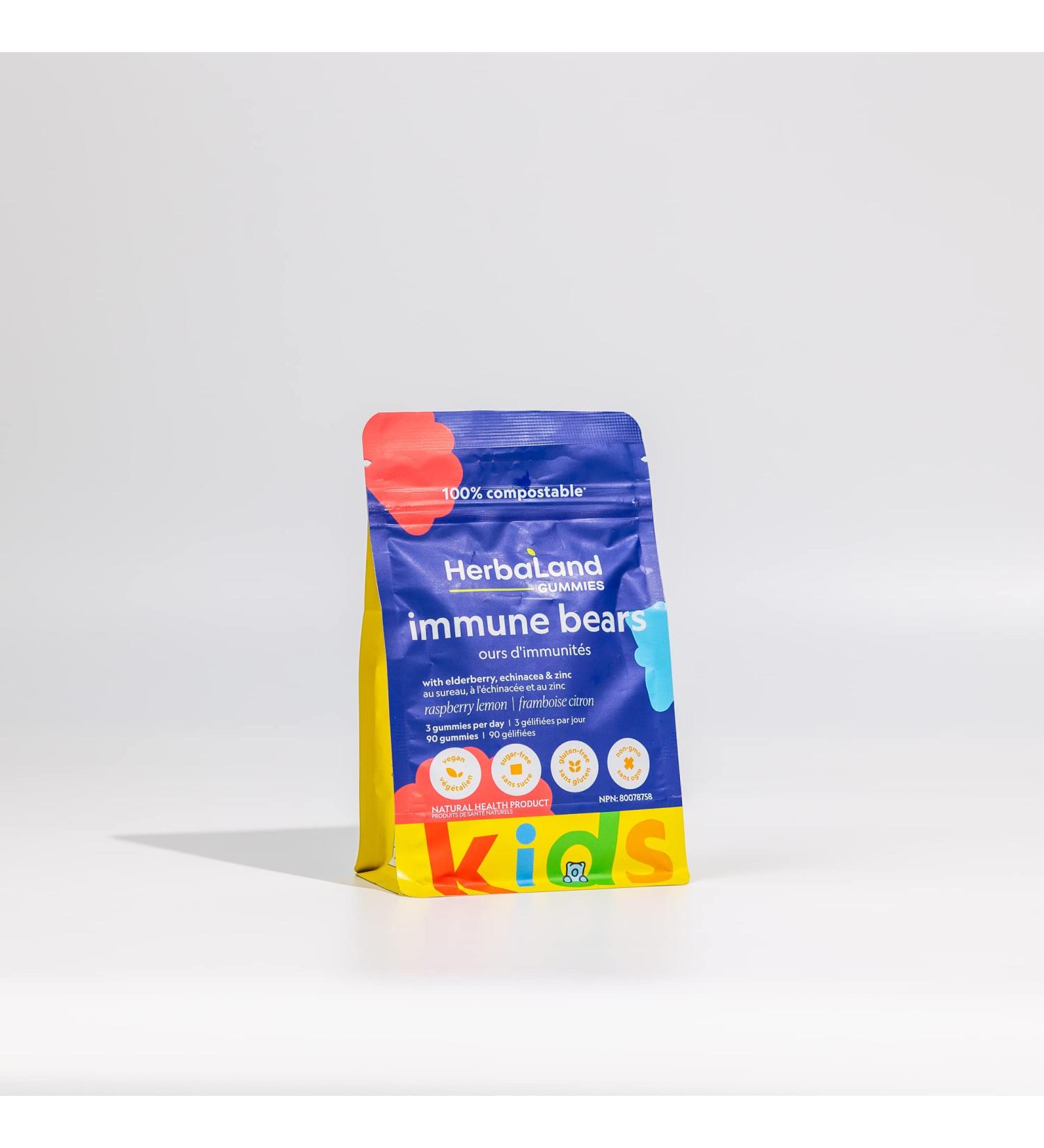 Herbaland Vegan Immune Boost Kids Gummies - Vitamin C, D3, Zinc, Echinacea, Elderberry - 90ct | Sugar-Free & Gluten-Free, Raspberry Lemon Flavor - Buy Online on GoSupps.com