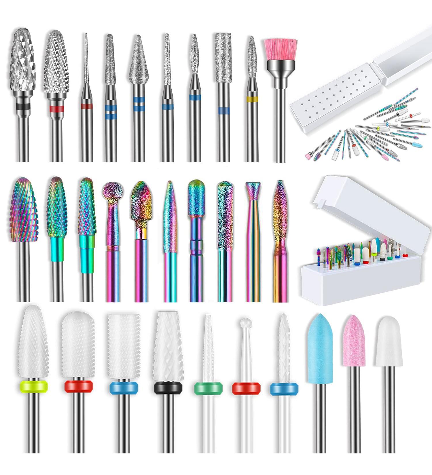 30Pcs Nail Drill Bits Set with Holder - Tungsten Carbide, Diamond, Ceramic, Quartz Pointed Bits - 3/32 Inch - White Case - Buy Online on GoSupps.com