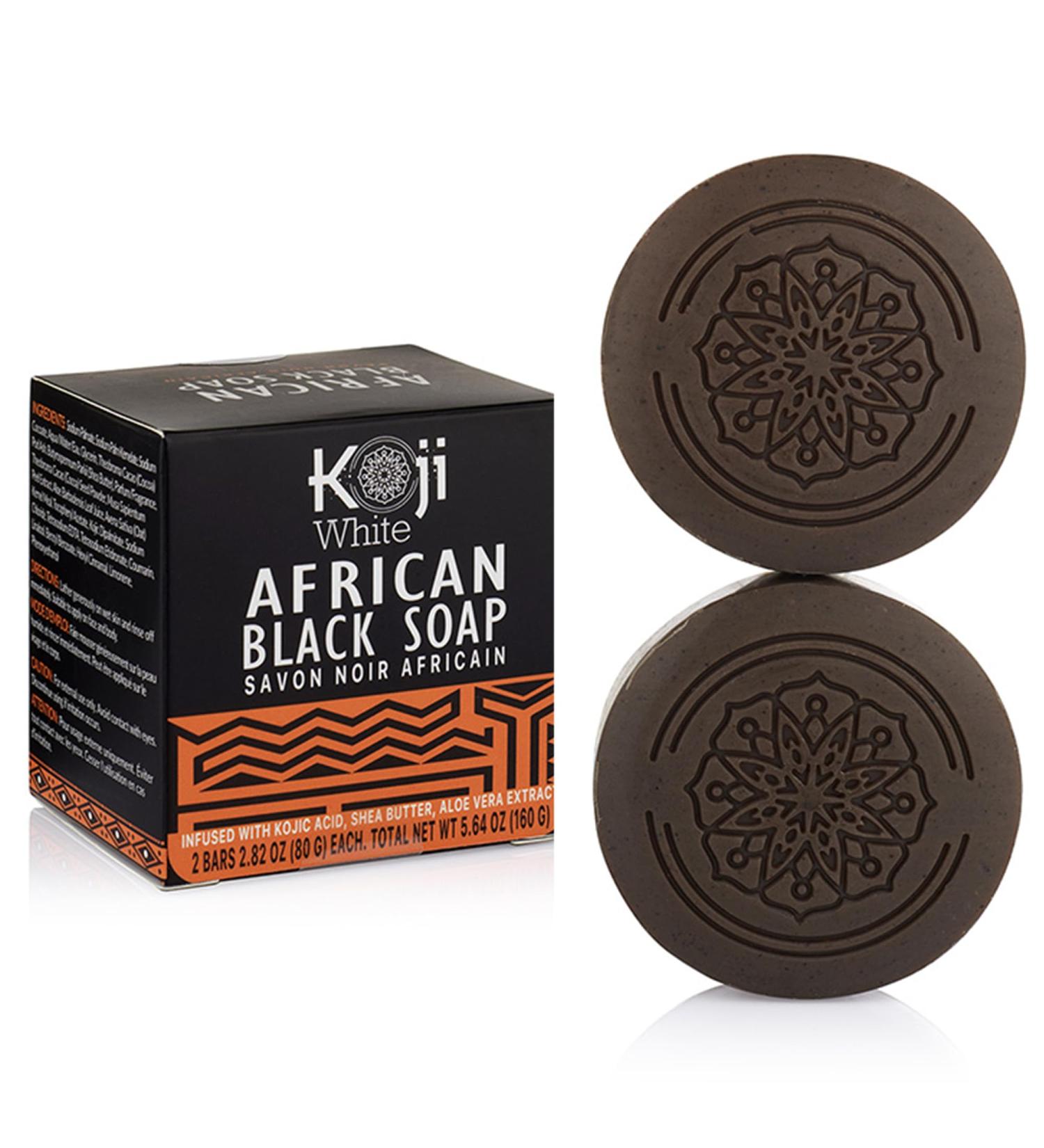 Koji White African Black Soap Bar - Exfoliating & Brightening Face & Body Wash with Shea Butter Kojic Acid & Aloe Vera - Vegan & Paraben-Free (2 Bars - Buy Online on GoSupps.com