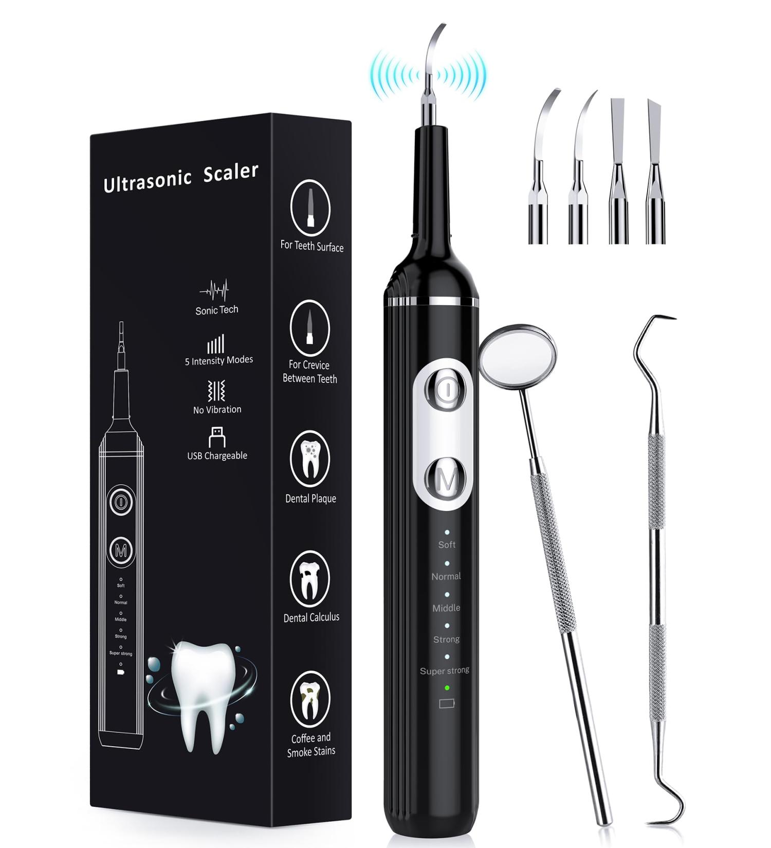 Plaque Remover for Teeth - LED Dental Cleaning Kit with Tartar Remover 5 Modes & Rechargeable Cleaner - 4 Replaceable Heads - Buy Online on GoSupps.com