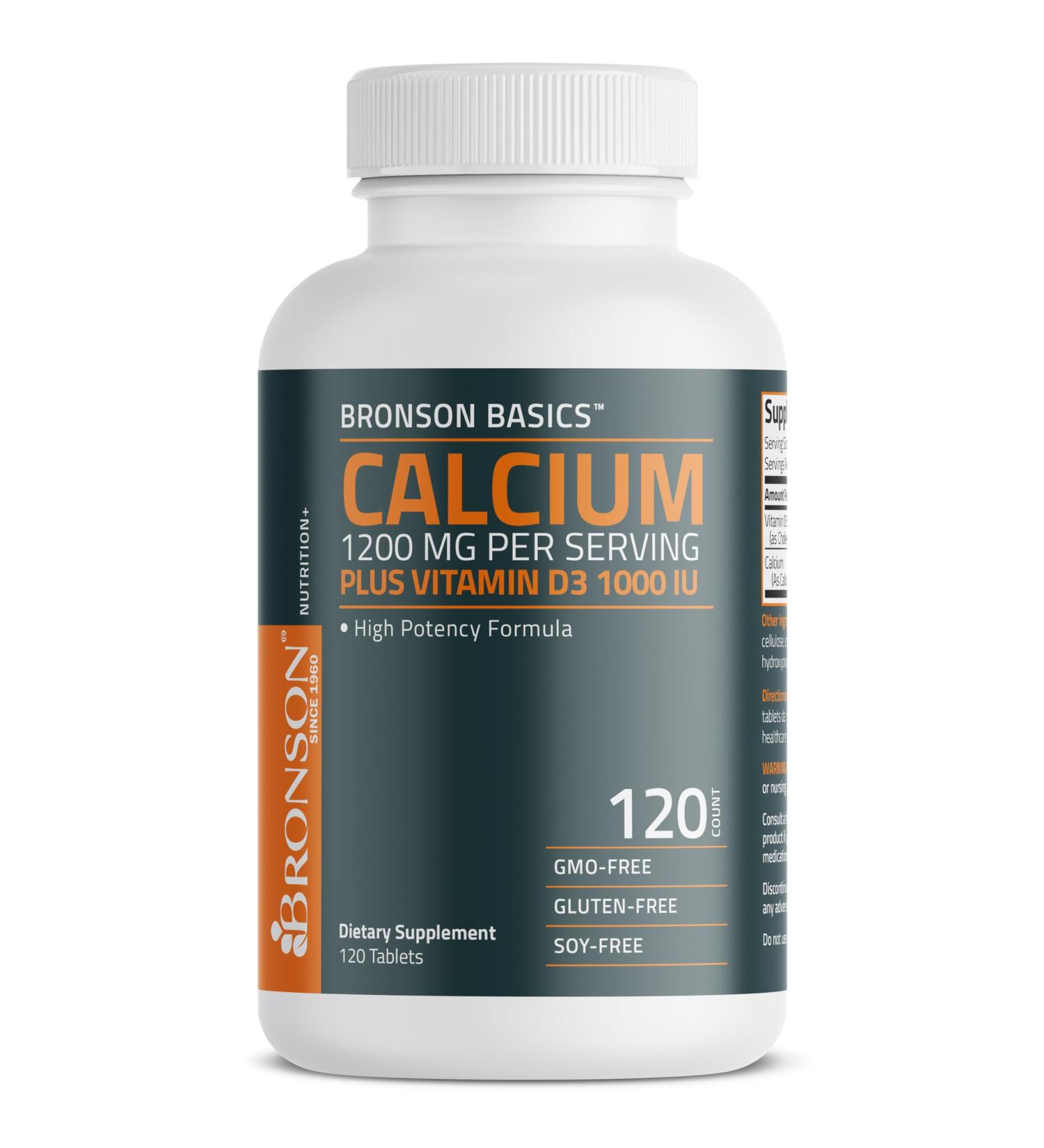 Bronson Calcium 1200mg Per Serving Plus Vitamin D3 1000 IU High Potency Formula, Non-GMO, 120 Tablets 120 Count (Pack of 1) - Buy Online on GoSupps.com