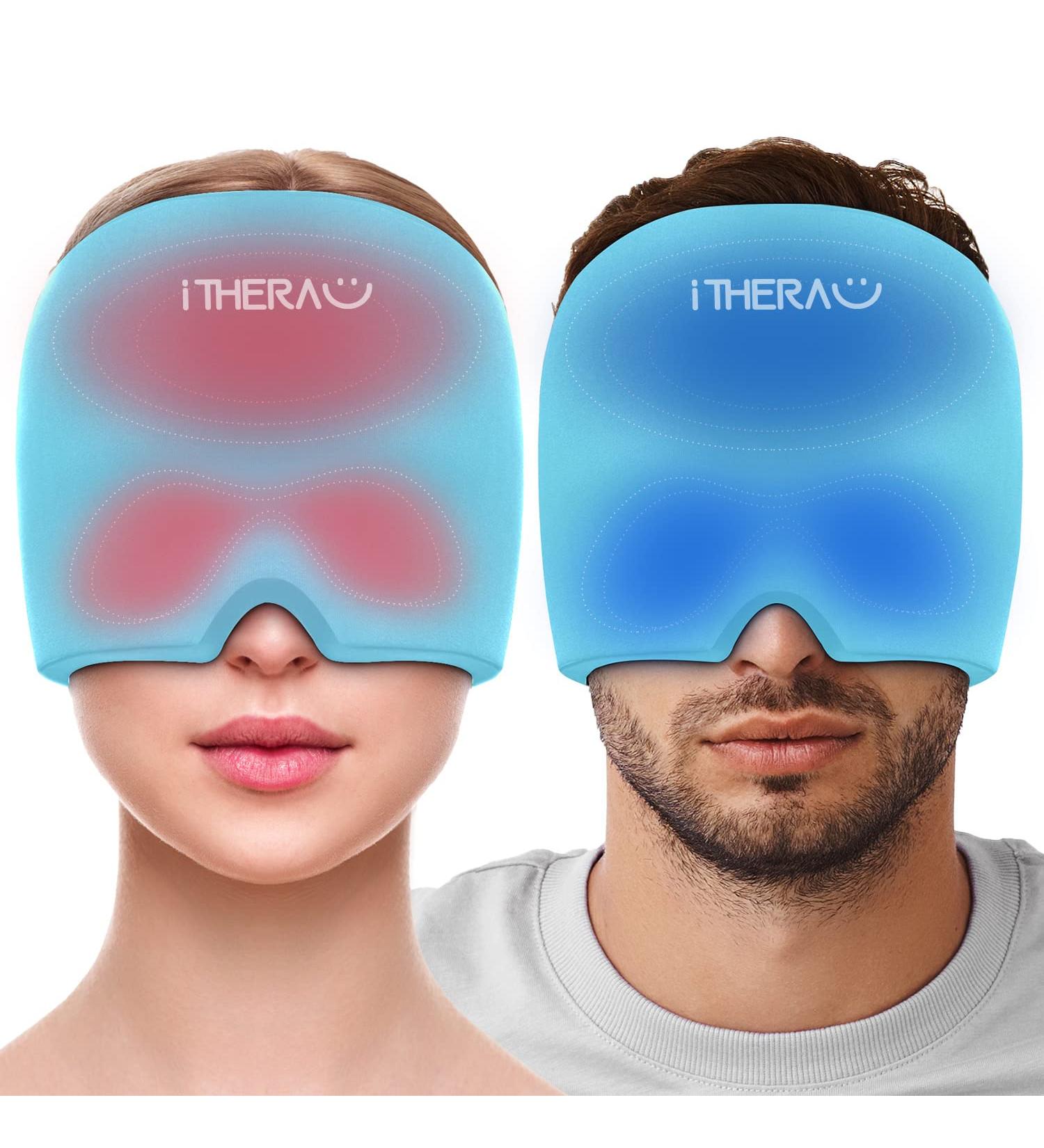 itherau Migraine Mask - Adjustable 360 Headache Relief Cap with Cold/Warm Compress Gel Pads for Migraines Swollen Eyes & Sinuses - Blue - Buy Online on GoSupps.com