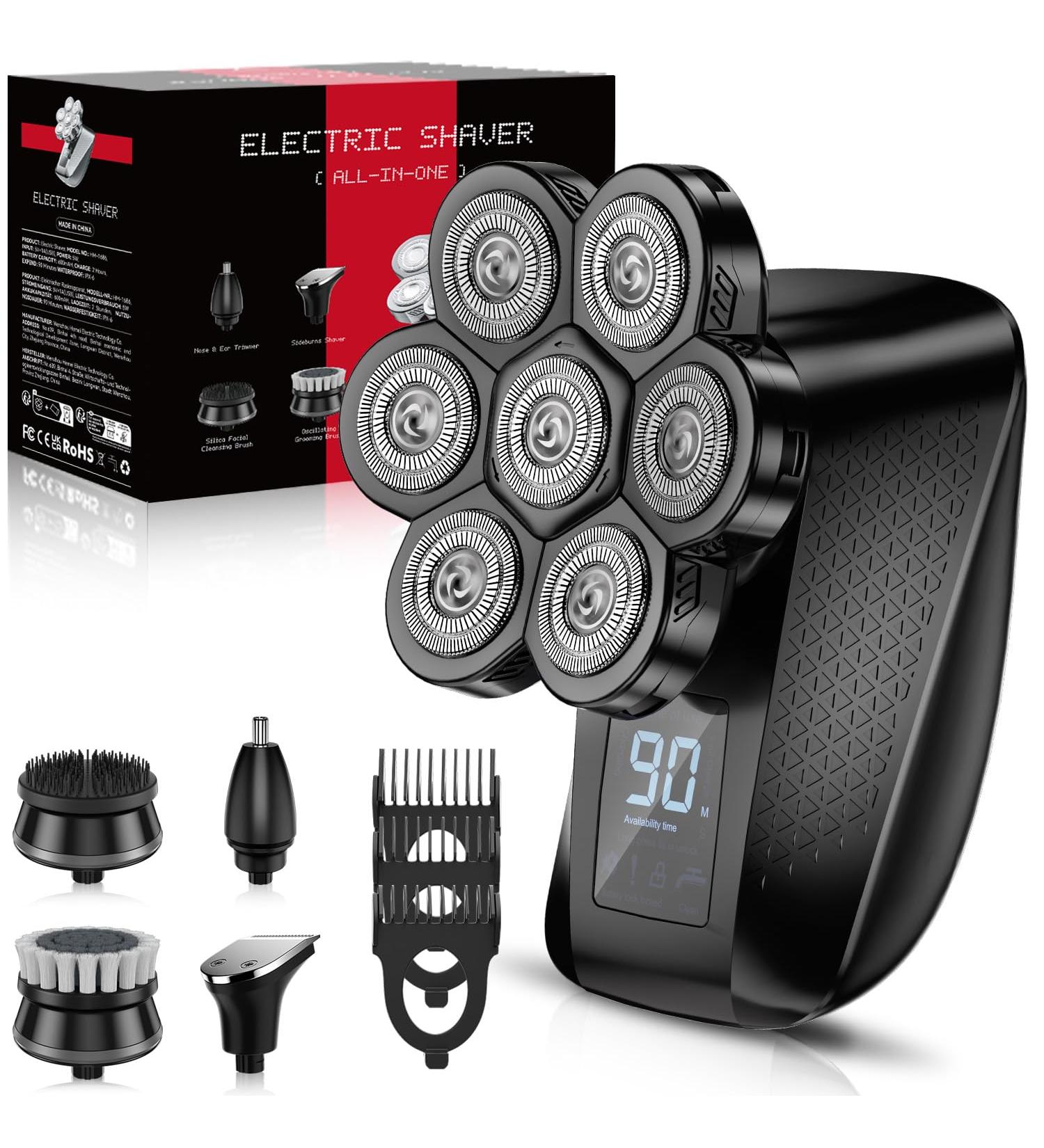 PEACEONE 7D Waterproof Rotary Head Shaver for Bald Men | 5-in-1 Grooming Kit | USB Rechargeable with LED Display | Ideal Wet/Dry Hair Trimmer - Buy Online on GoSupps.com