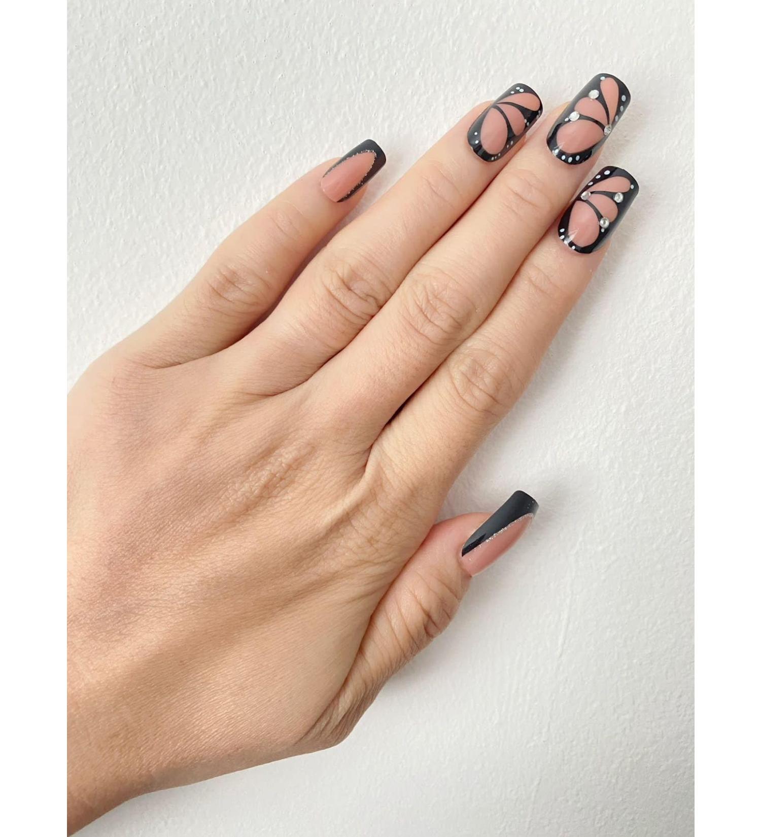 Medium Square Squoval Crystal Butterfly Black Nude Fake Press On Nails - Buy Online on GoSupps.com