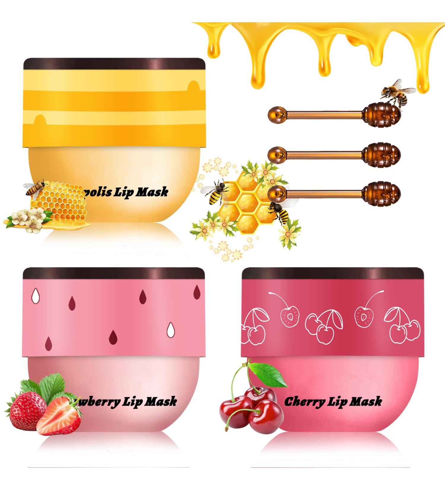 CAHIUYOA 3PCS Bee Lip Balm Honey Pot Honey Lip Balm Strawberry Honey Cherry Lip Sleeping Mask Hydrating Bee Lip Balm with Stick Day & Night Lip Care Products - Strawberry Honey Cherry Strawberry+Honey+Cherry - Buy Online on GoSupps.com