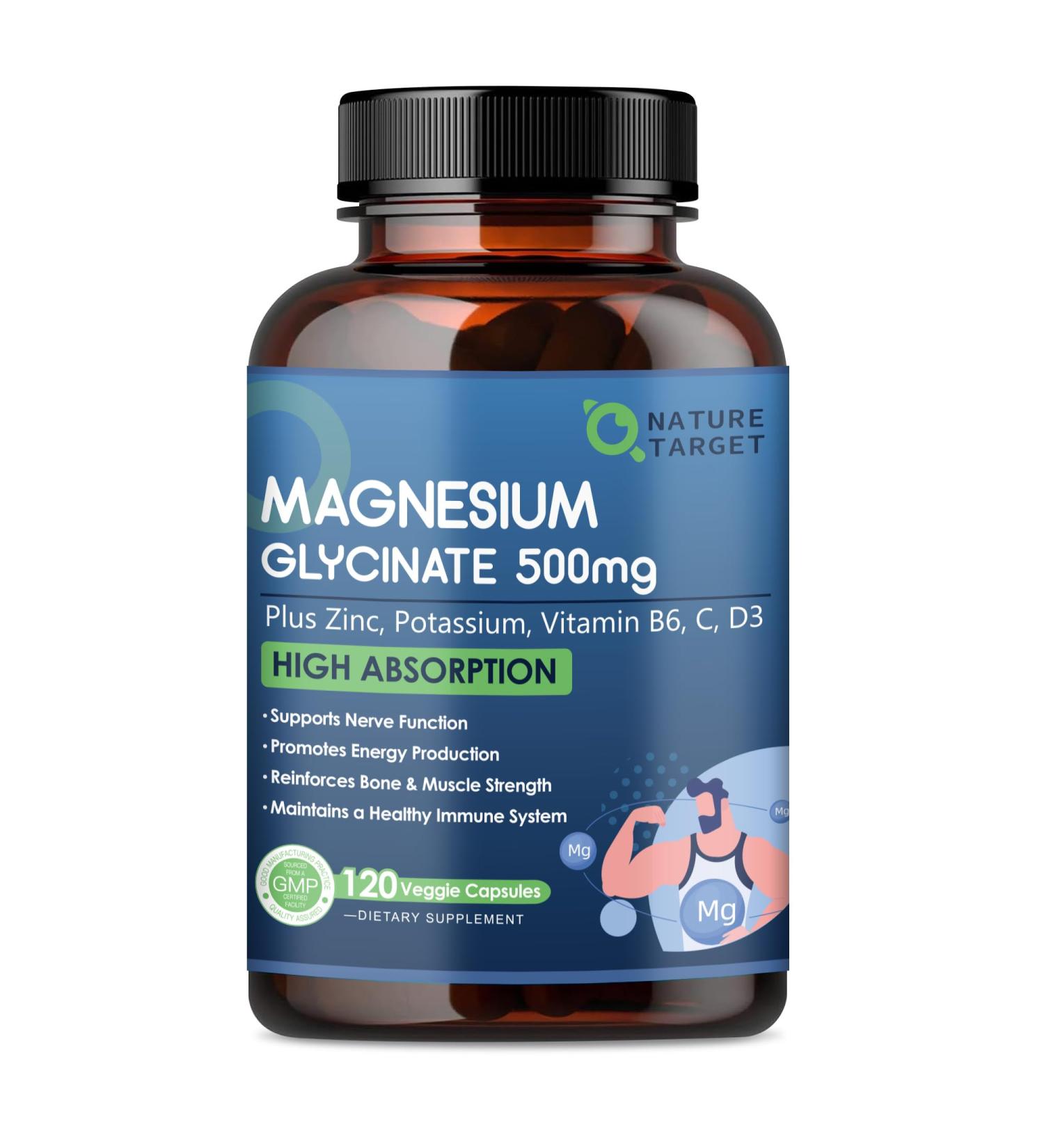 NATURE TARGET Magnesium Glycinate 500mg Chelated Magnesium with Zinc & Vitamin D3 for Muscle Nerve & Bone Support Heart Health & Leg Cramp Strength Immune System - 120 Capsules 120 Count (Pack of 1) - Buy Online on GoSupps.com