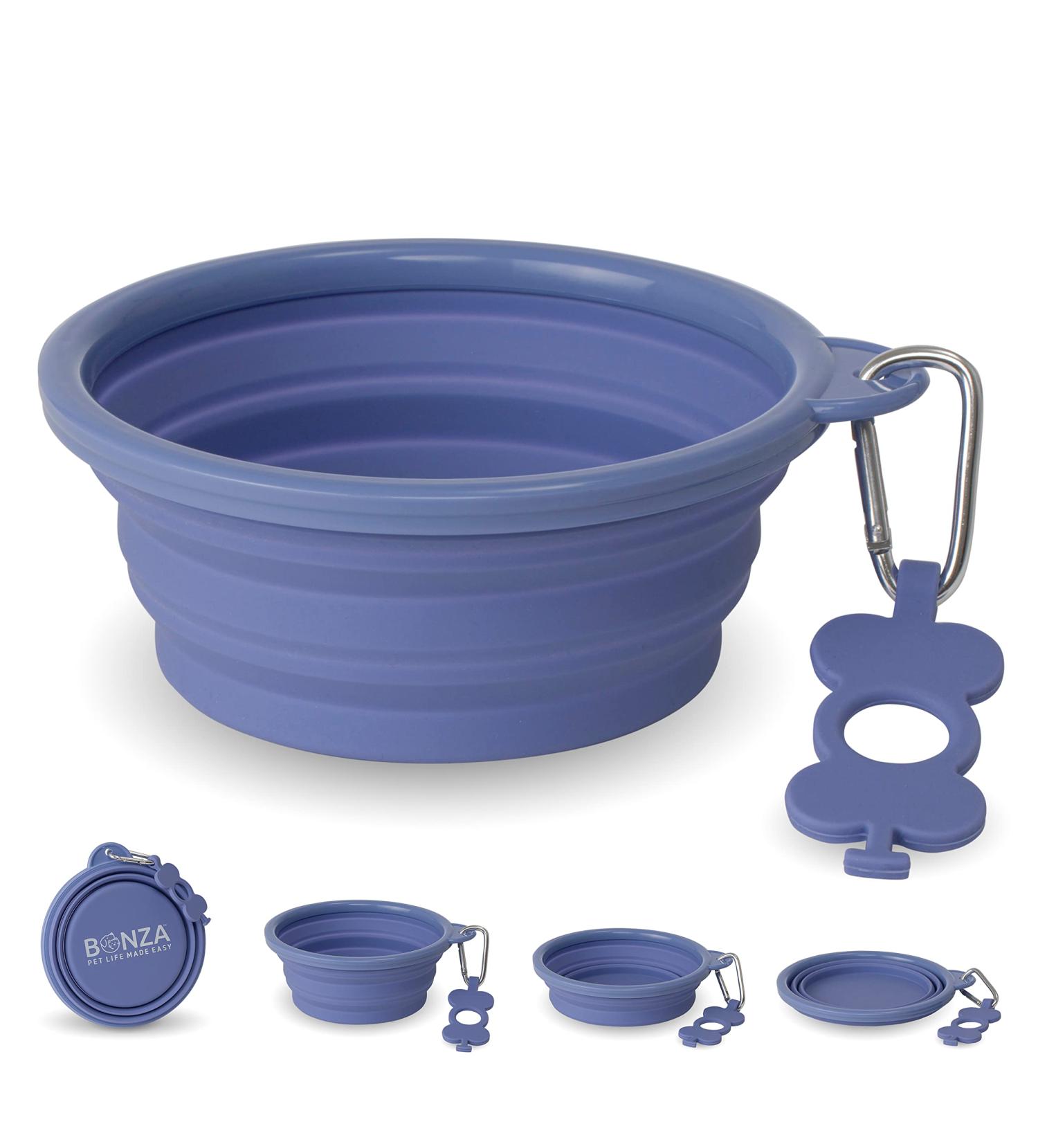 Bonza Foldable Food Bowl - 750ml Medium Size with Carabiner & Water Bottle Holder | Stable Reinforced Edge | Evergreen Periwinkle - Buy Online on GoSupps.com