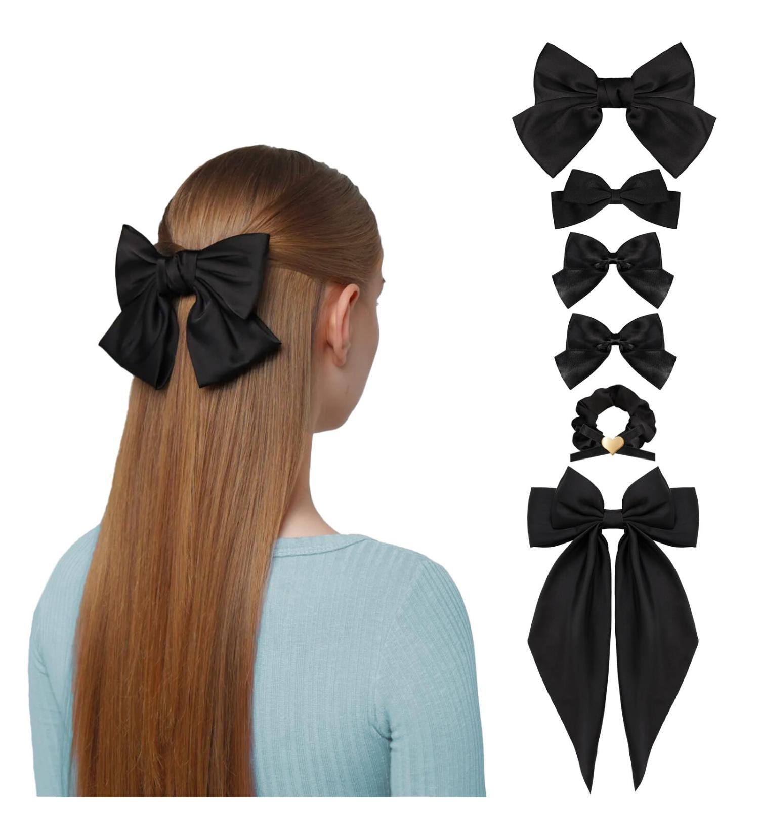 XiangSKY 6 Pieces Hair Clips Black Hair Bow Ladies Bowknot Large Hair Clip Hair Accessory for Girls Women Hair Bow Silk Satin Hair Bows Long Black Bow Hair Accessories - Buy Online on GoSupps.com