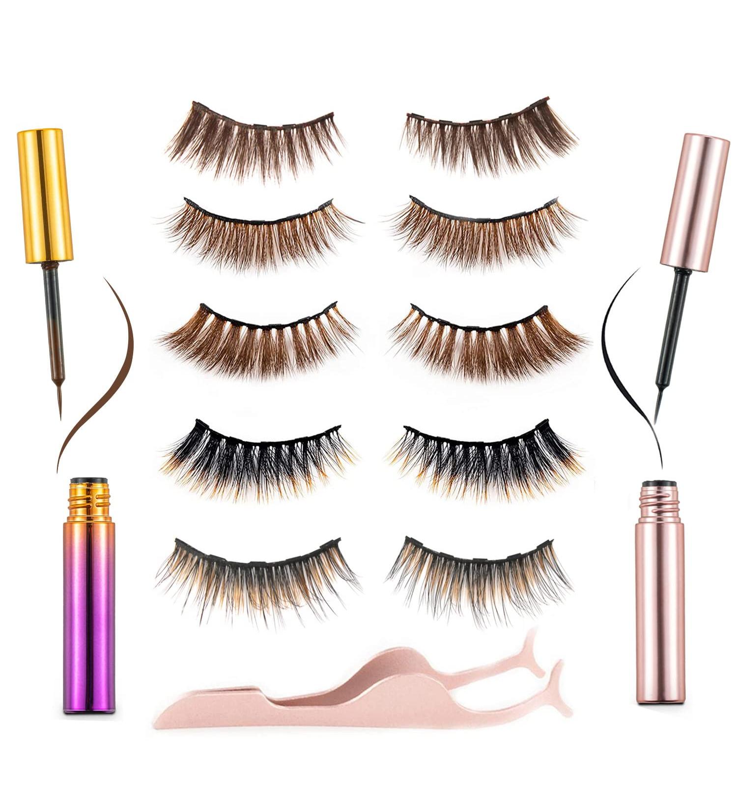 6D Magnetic Eyelashes Set with Brown and Black Magnetic Eyeliner - Includes 5 False Eyelashes, Tweezers (5 pairs - Brown) - Buy Online on GoSupps.com