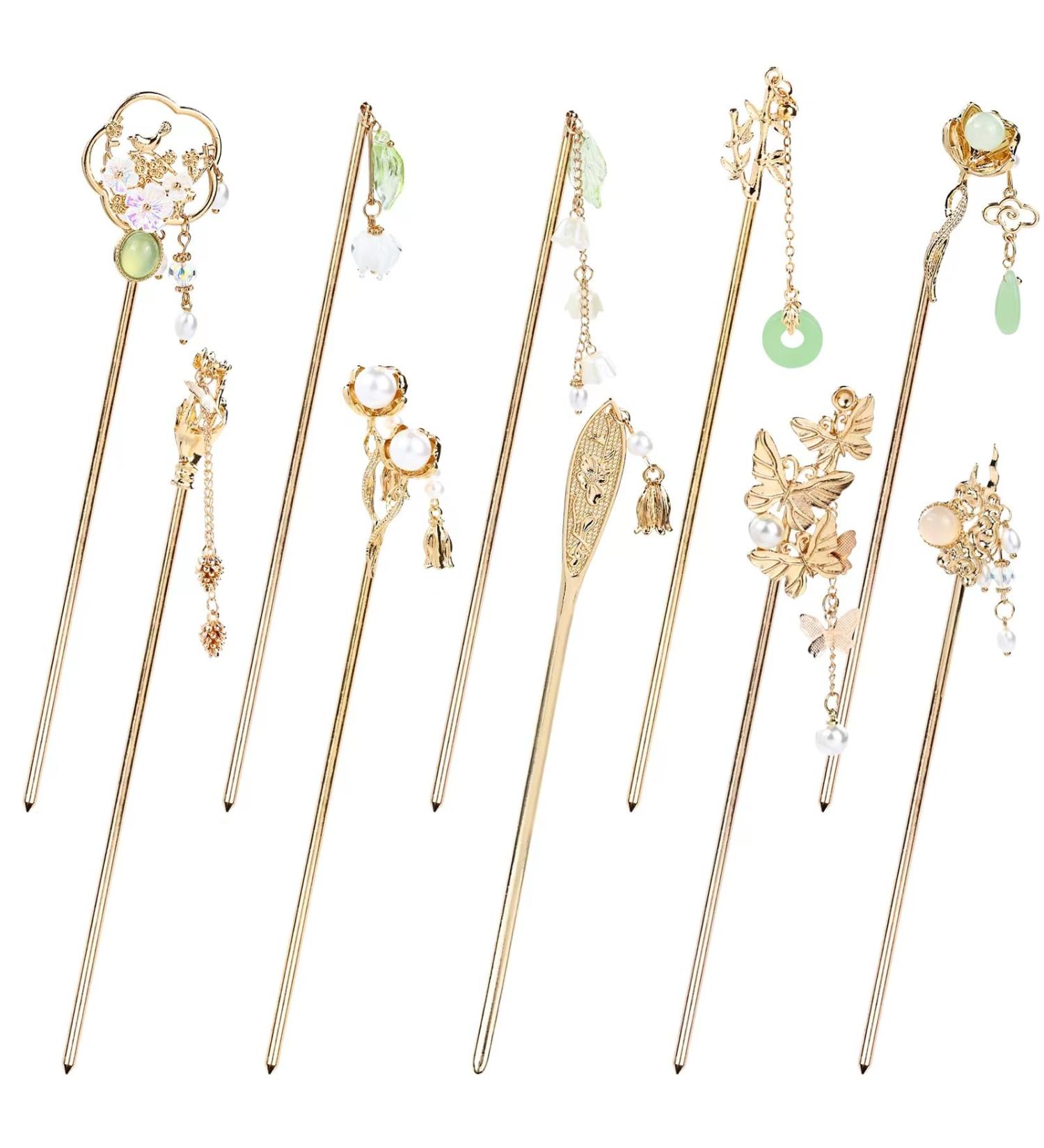 Cinaci 10 Pieces Decorative Vintage Retro Pearl Gold Metal Hair Sticks Pins with Pendants Chinese Hanfu Asian Flower Butterfly Hair Chopsticks Hair Bun Updo Holders Long Hairpins for Women Girls - Buy Online on GoSupps.com