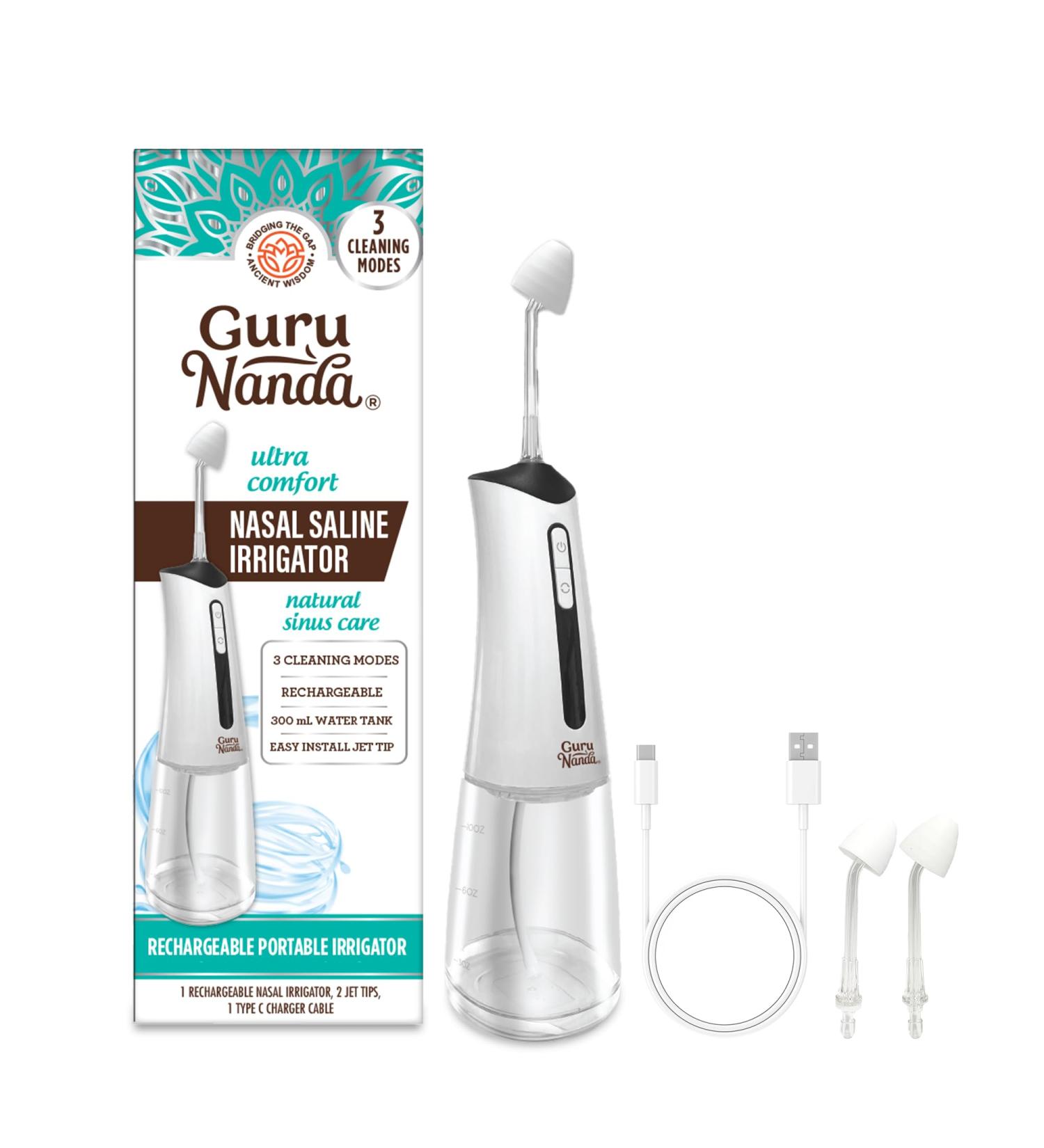 GuruNanda Nasal Saline Irrigator - Portable Cordless 300ml | 3 Modes for Sinus Relief | Rechargeable with 2 Tips - Buy Online on GoSupps.com
