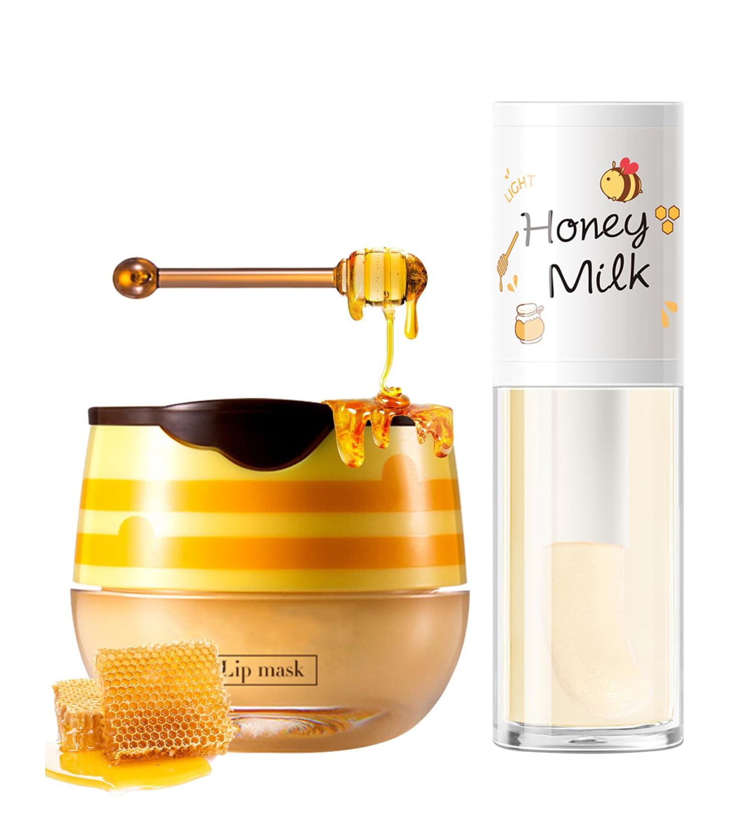2Pcs Bee Lip Balm Honey Pot Lip Mask & Lip Glowy Oil Lip Care Set Propolis Moisturize & Nourish Lip Gloss Repair Treatment Reduce Lip Line & Protect & Plump Dry Cracked Lip Scrub Exfoliator -Set A - Buy Online on GoSupps.com