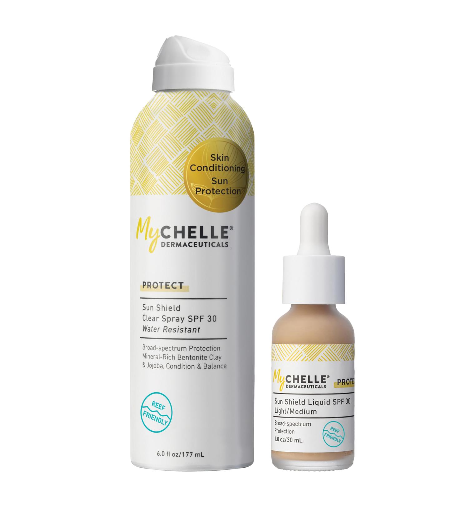 MyChelle Dermaceuticals SPF 30 Sun Shield Spray and Liquid Light/Medium Sunscreen for Face Reef Safe Pack of 2 - Buy Online on GoSupps.com