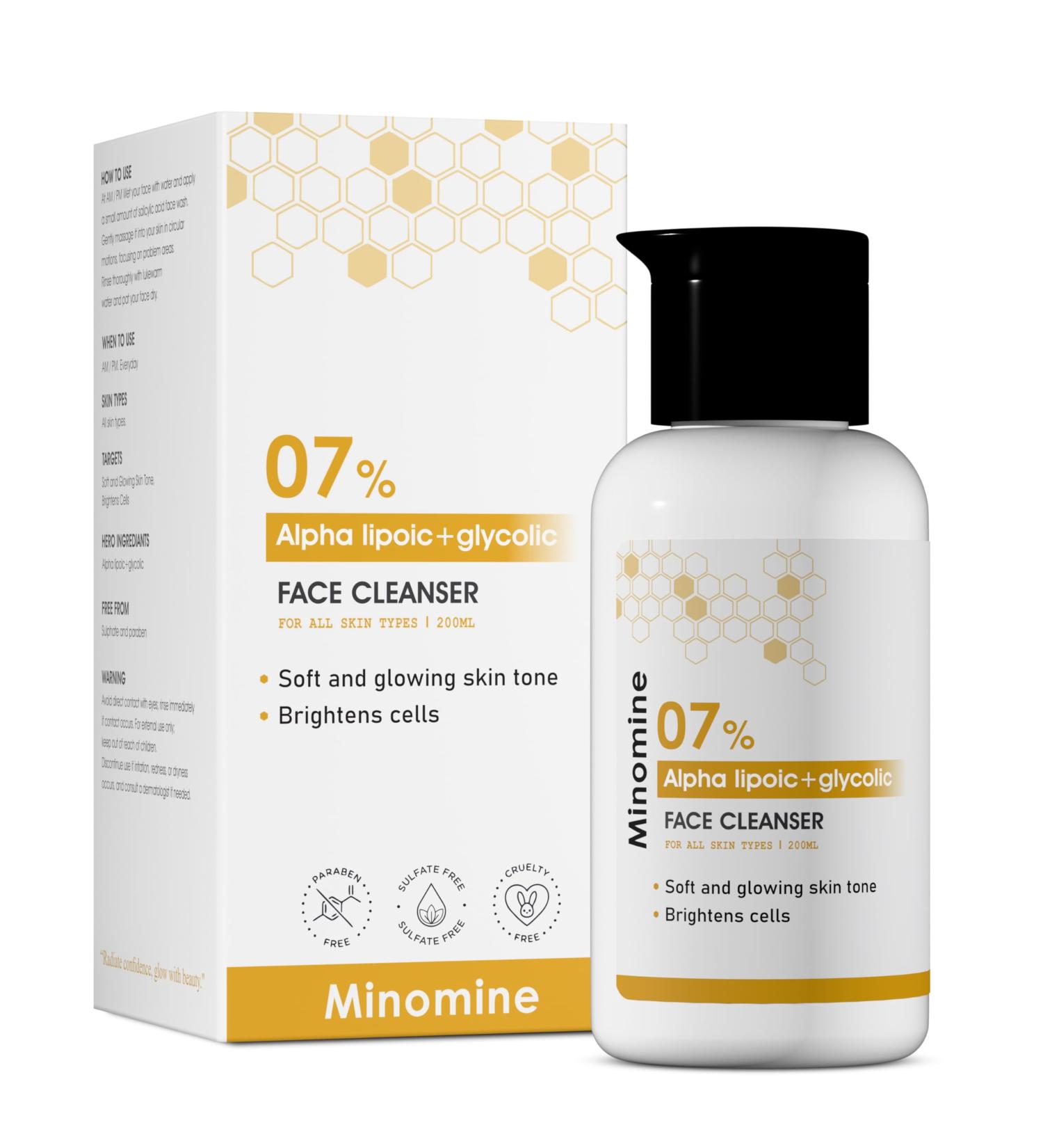 Minomine 07% Alpha Lipoic + Glycolic Face Cleanser with Vitamin B5+ Betaine | Soft and Glowing Skin Tone Brightens Cells | For Women & Men All Skin Types 6.76 Fl.oz - Buy Online on GoSupps.com