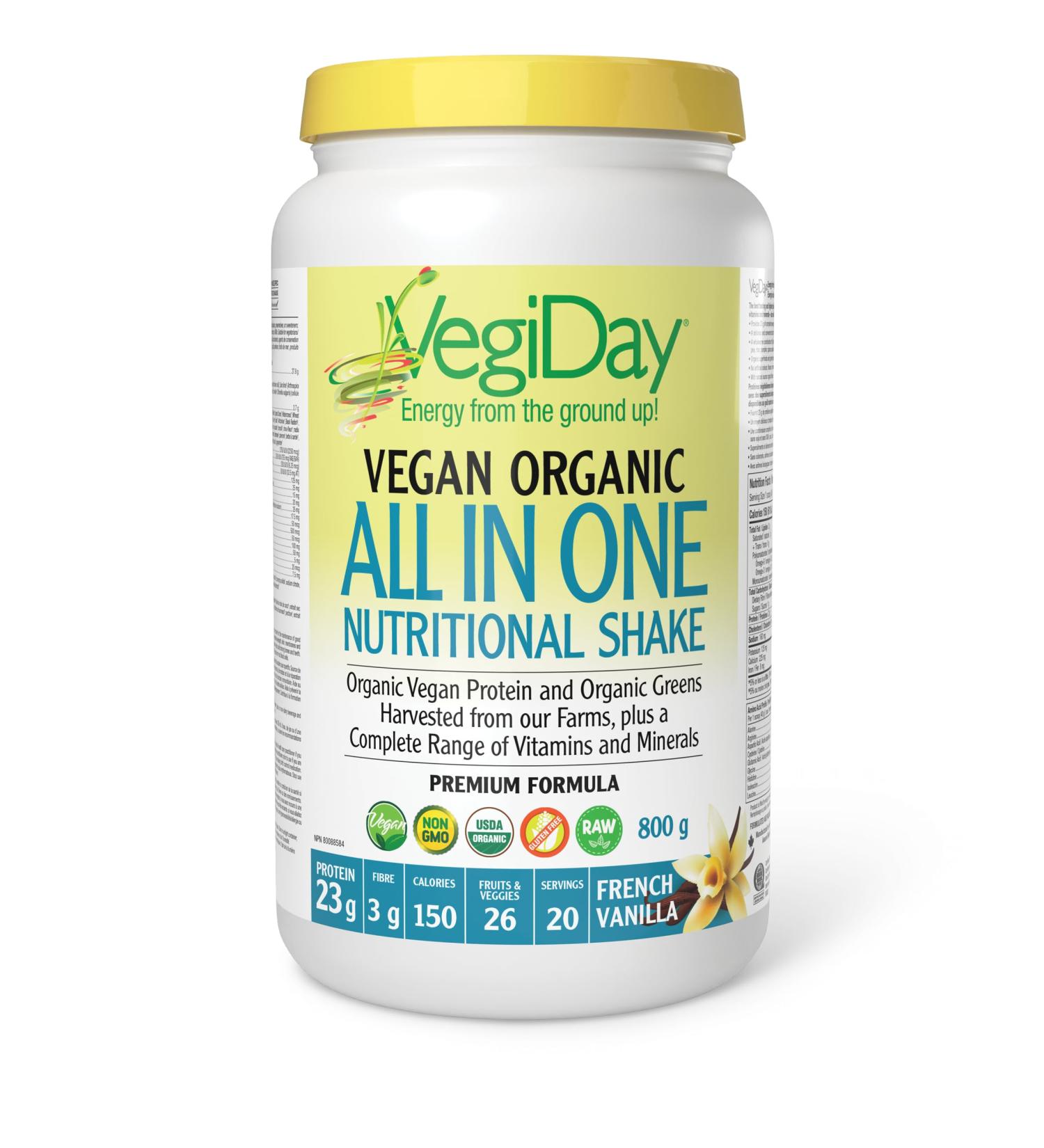 VegiDay Vegan Organic All in One Nutritional Shake French Vanilla 860 g Convenient Way to Boost Your Nutrient Intake Non-GMO Plant-Based 23 g of Protein per Serving 20 servings - Buy Online on GoSupps.com