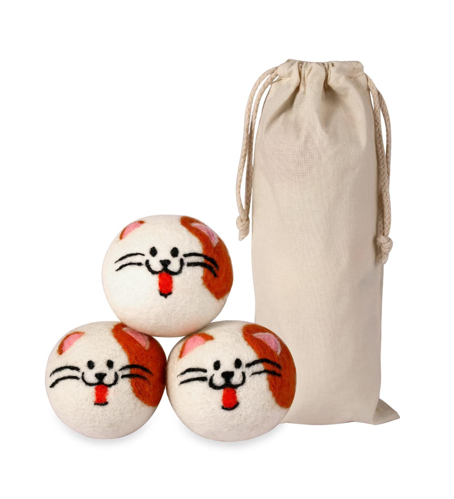 XL Cute Cat Face Wool Dryer Balls - Handmade Reusable Fabric Softener | Organic Shorten Drying Time | 3 Pack for 1000+ Loads - Buy Online on GoSupps.com