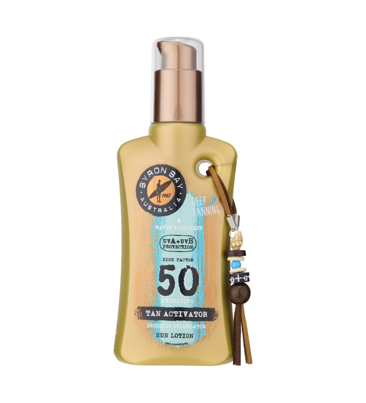 Byron Bay Australia SPF 50 Sun Lotion Spray Bronzing & Tan Activator For A Deeper Tan - UVA & UVB Instant Protection Non-Greasy Water-Resistant No White Marks - Summer Fragrance 200ml - Buy Online on GoSupps.com