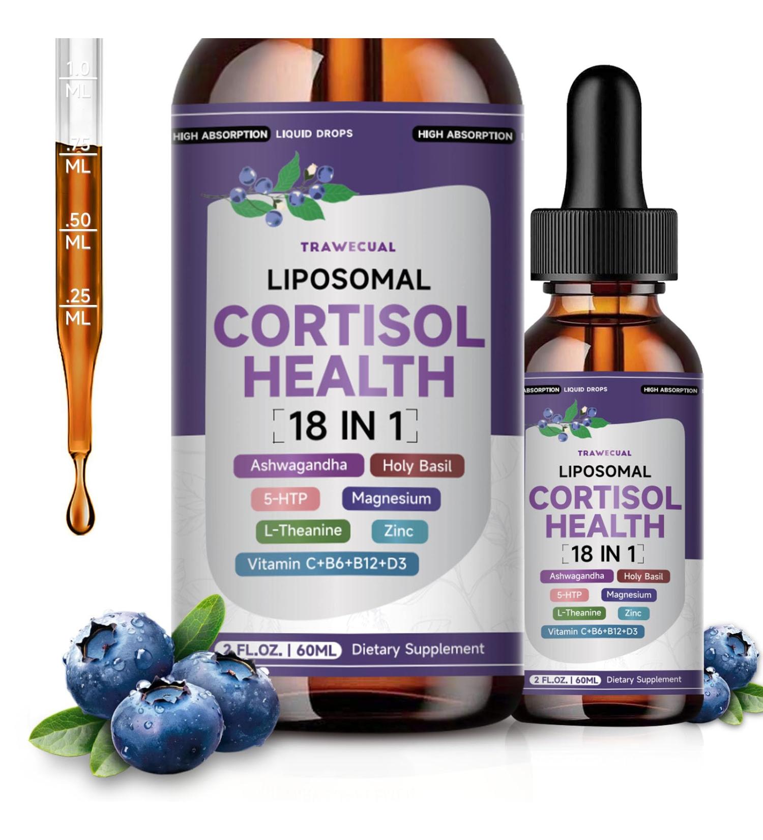 Liposomal Cortisol Liquid Drops, 18-in-1 Formula, Supports Stress, Mood, Sleep & Focus, with 300mg Ashwagandha, Magnesium & L-Theanine, Cortisol Reducer For Women/Men, Blueberry Flavor, 60ml - Buy Online on GoSupps.com