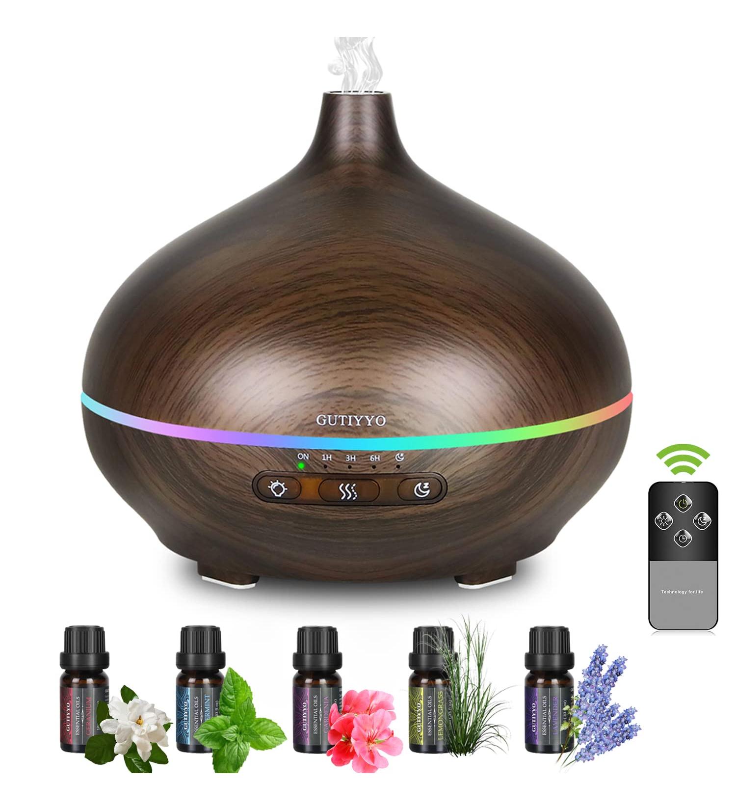 Gutiyyo 600ml Aroma Diffuser | Essential Oil Diffuser with 5x10ml Oils 7-Color LED Humidifier & Auto Shut Off - Buy Online on GoSupps.com