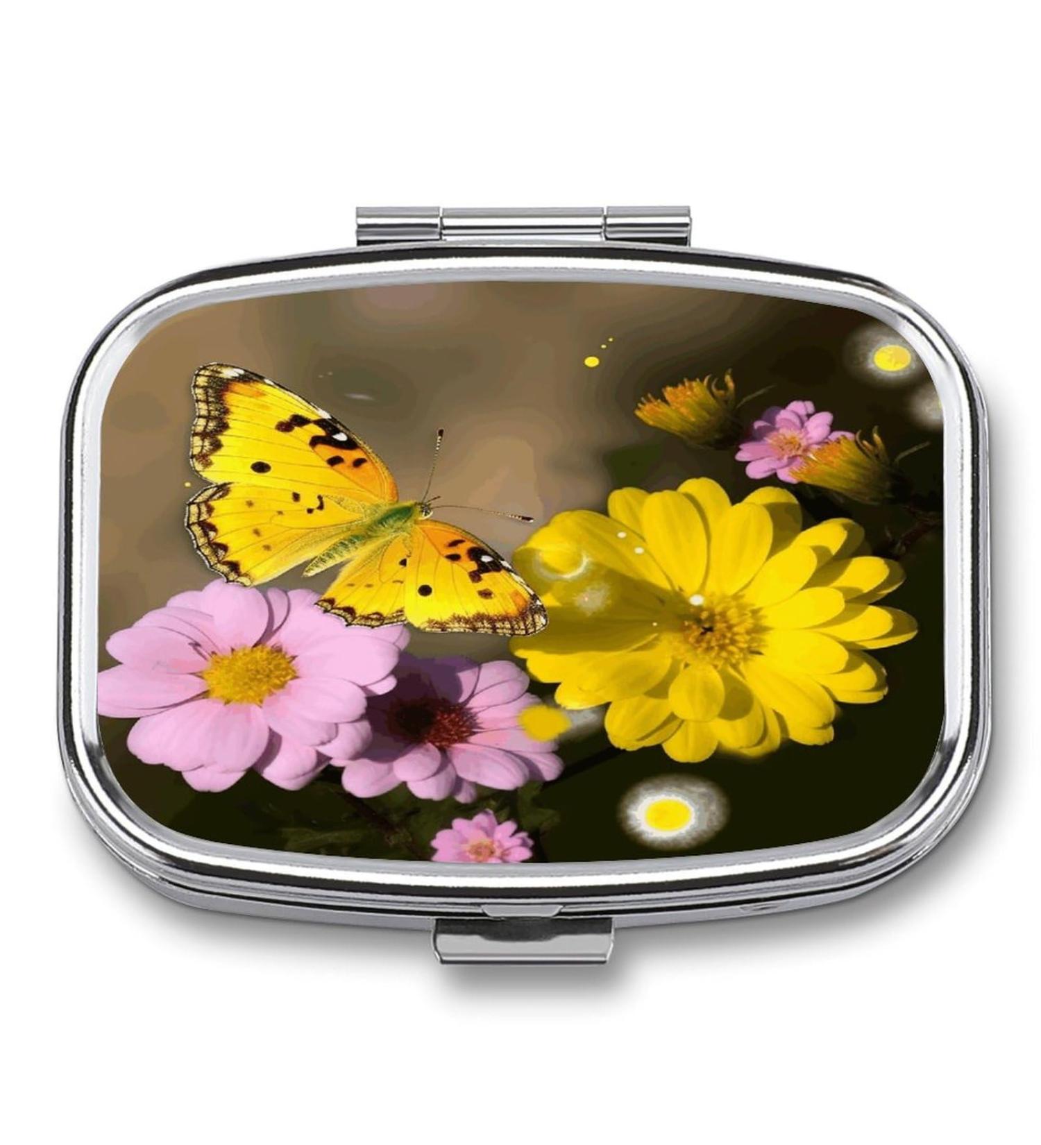 Decorative Yellow Butterfly & Flower Print Pill Box | 2 Compartment Metal Pill Organizer for Pocket & Purse - Perfect Travel Companion - Buy Online on GoSupps.com