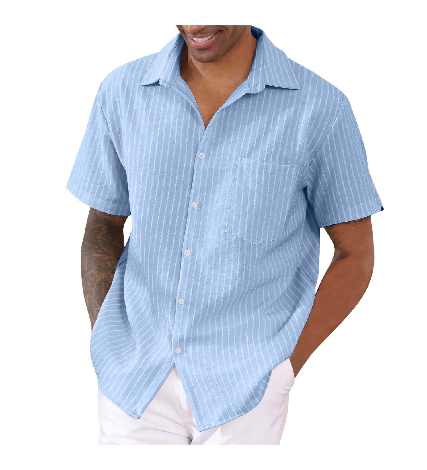 Men's Short Sleeve Striped Revers Hawaii Shirt - Casual Light Blue Summer Shirt with Pocket | Rosennie 3XL - Buy Online on GoSupps.com
