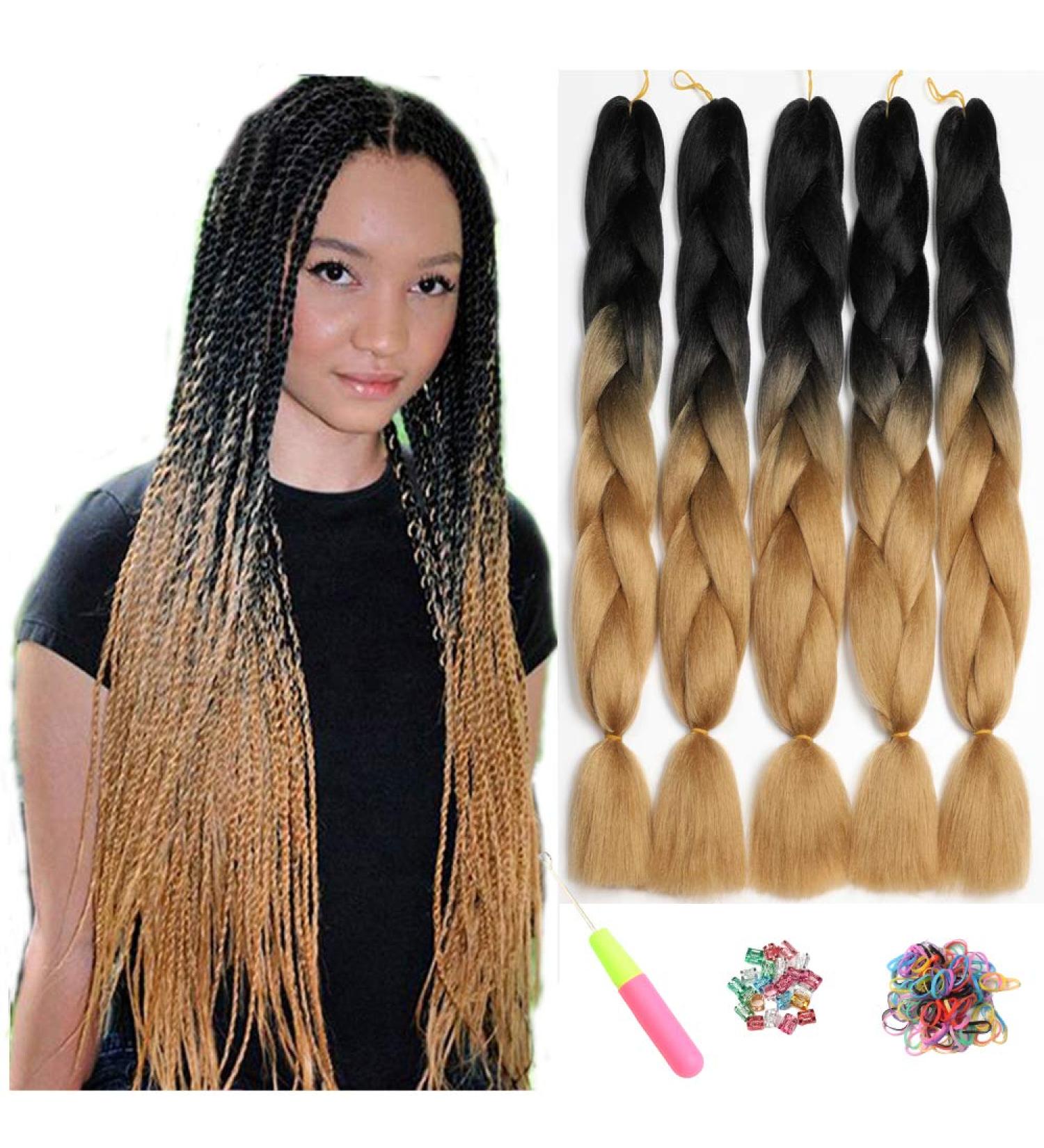 Showjarlly Jumbo Braid Art Hair Extensions - 24 Inch Ombre KanCalon Braids (5 Pack) for Crochet & Box Braids - Black/Light Brown - Buy Online on GoSupps.com