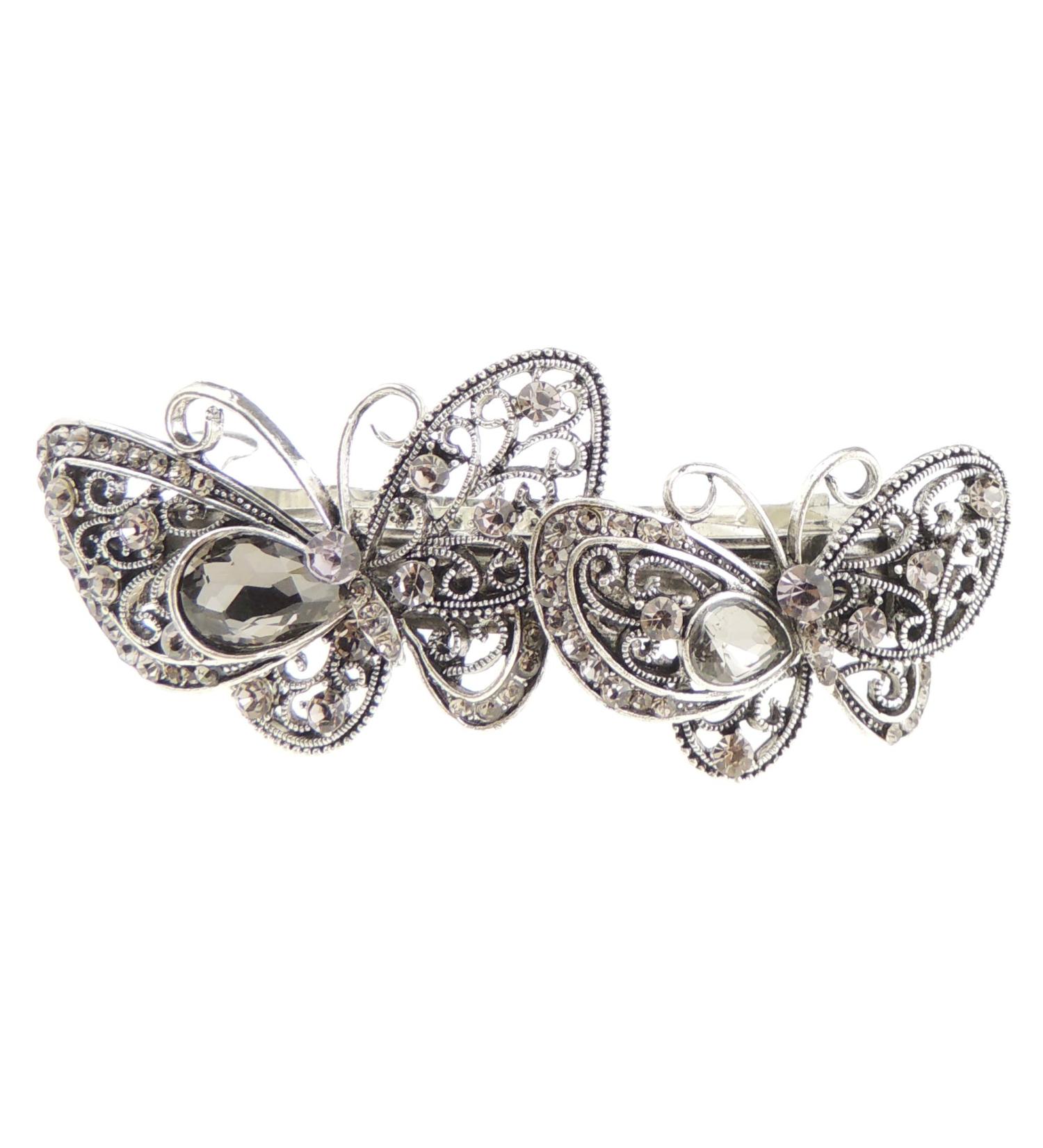 Ladies Silver Tone Vintage Look Crystal Diamante Stencil Barrette Butterflies (Grey)