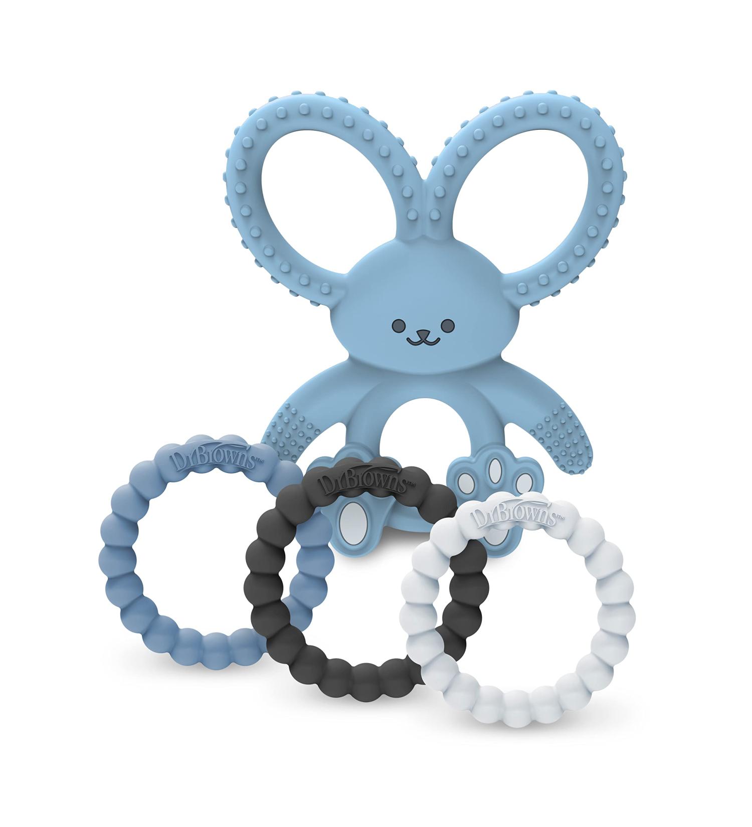 Dr. Brown's Flexees Beaded Teether Rings and Bunny Teether 4-Pack - Blue, Light Blue, Black | 100% Silicone, BPA Free, Easy to Hold | Encourages Self-Soothe | Ages 3m - Buy Online on GoSupps.com