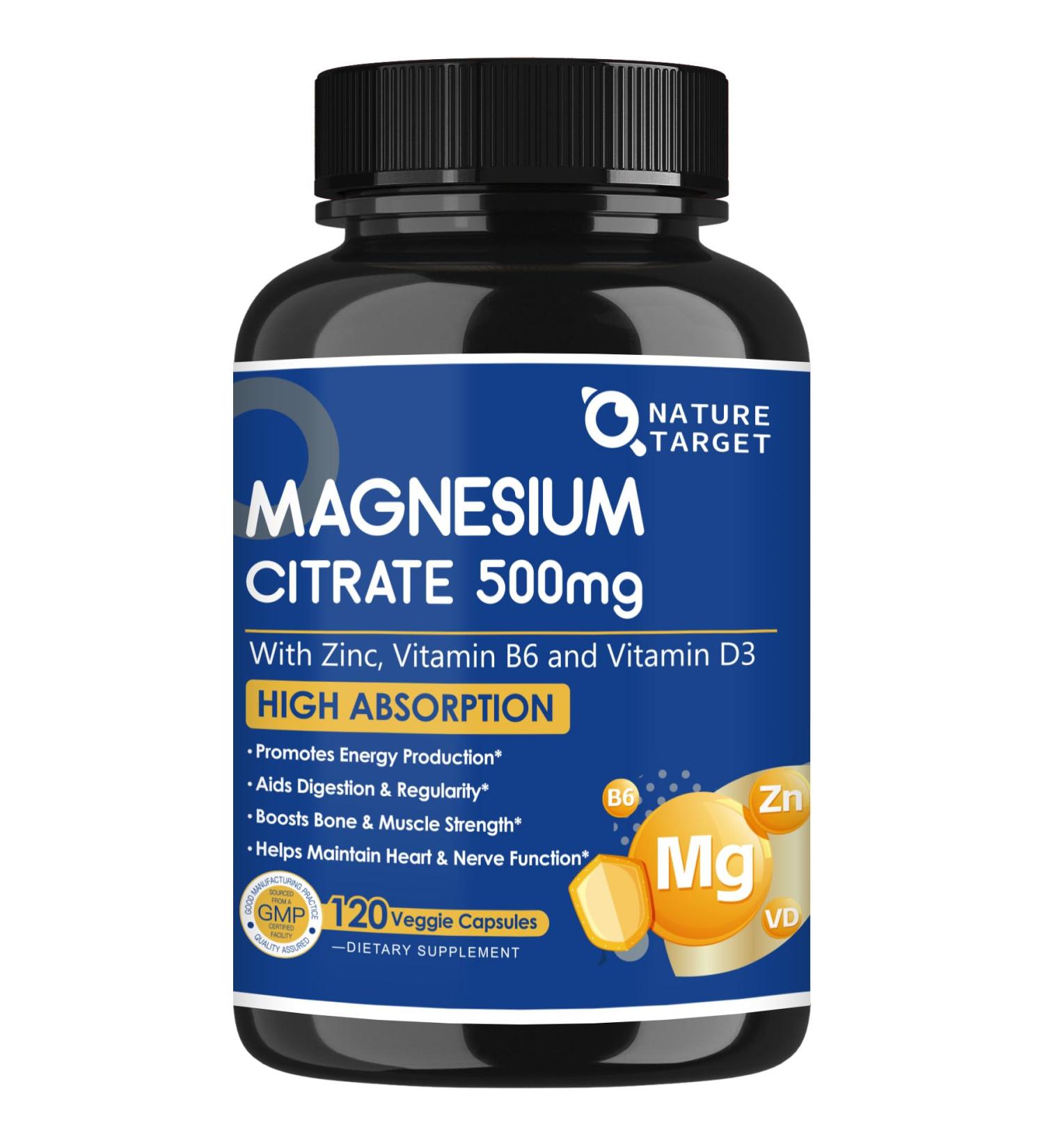 NATURE TARGET Magnesium Citrate 500mg with Zinc & Vitamin D for Muscle, Nerve, Bone & Heart Health, High Absorption Magnesium Supplement, Easy to Swallow Magnesium Capsule for Women & Men, 120 VegCaps 120 Count (Pack of 1) - Buy Online on GoSupps.com