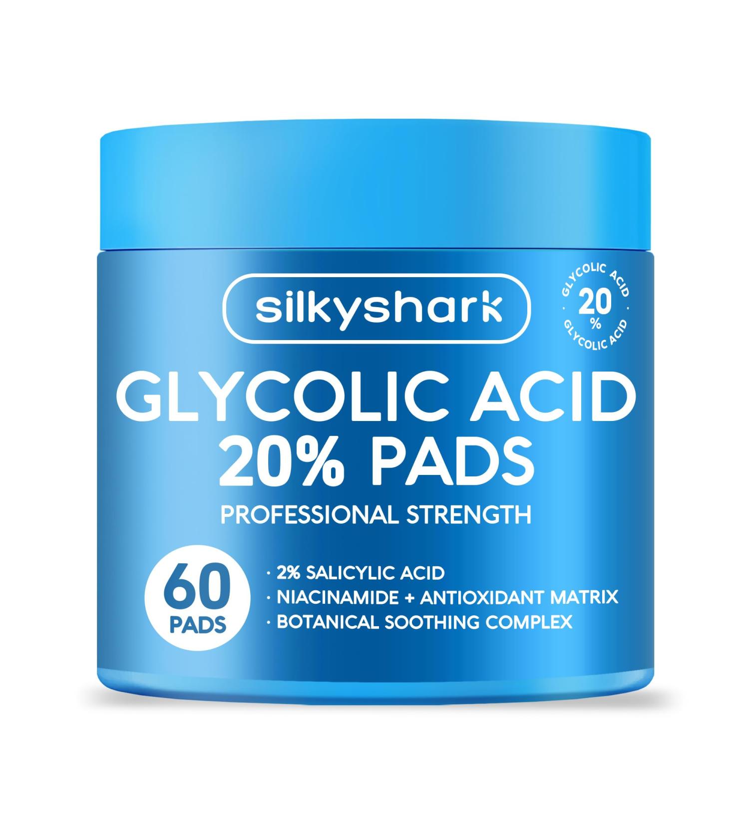 SilkyShark Glycolic Acid 20% Resurfacing Pads (60 Count) 20% Ultra Pure Glycolic Acid + 2% Salicylic Acid Exfoliating Peel Pads for Face & Body Effective Chemical with Vitamin B&C&E - Buy Online on GoSupps.com
