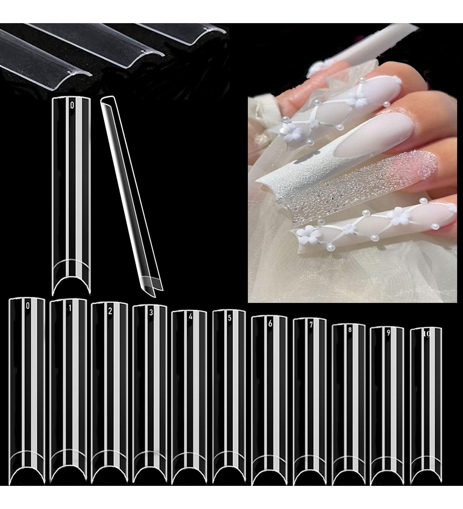 Upgrade 3XL EJIUJIUO 504 Pcs Clear XXXL Long Half Cover Nail Tips - 12 Sizes | Non C Curve Flattened Straight Square Nails - Acrylic Nails - with Bag - Buy Online on GoSupps.com