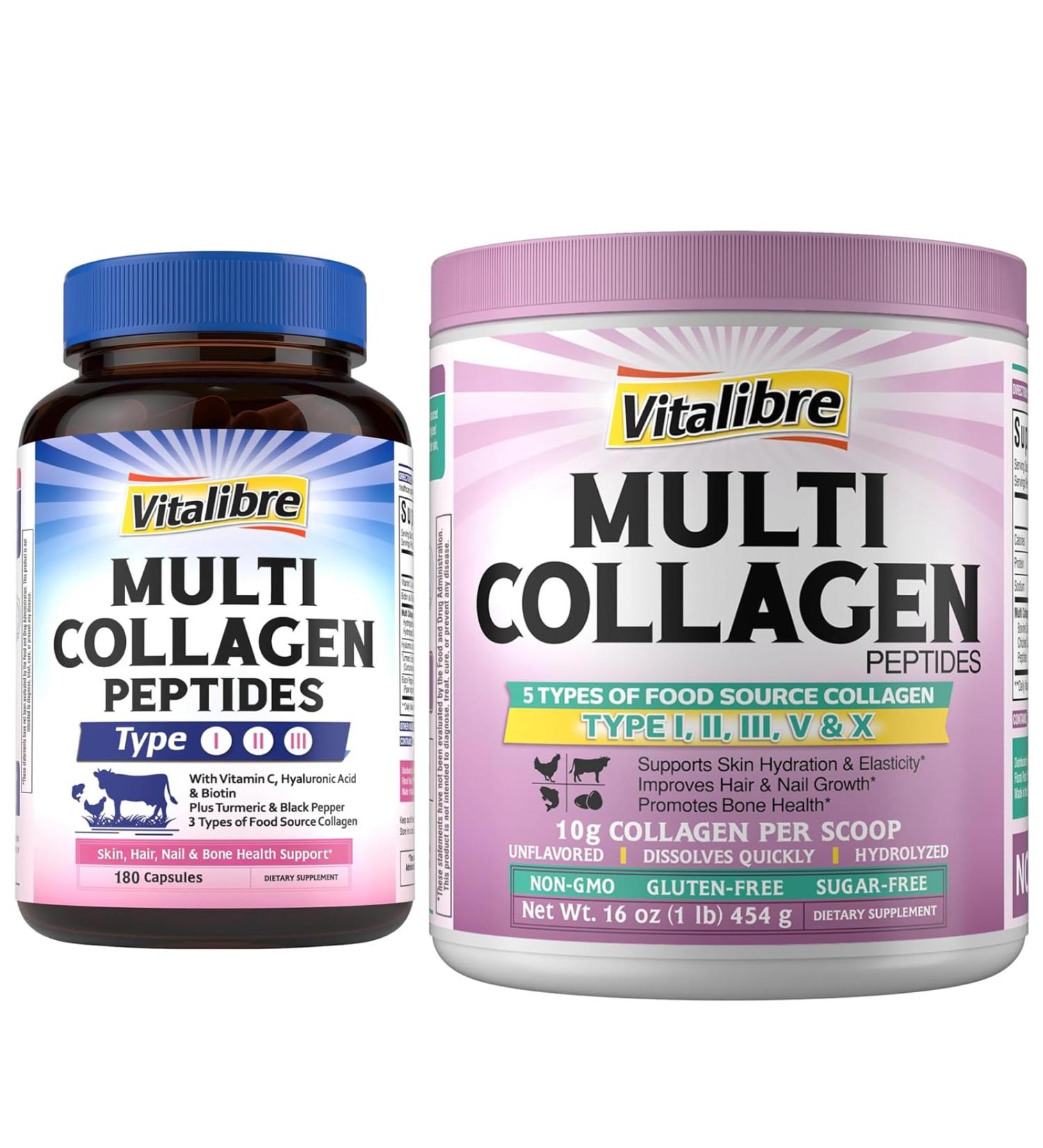 Vitalibre Multi Collagen Peptides 180 Caps and Multi Collagen Peptides Powder 16oz - Buy Online on GoSupps.com